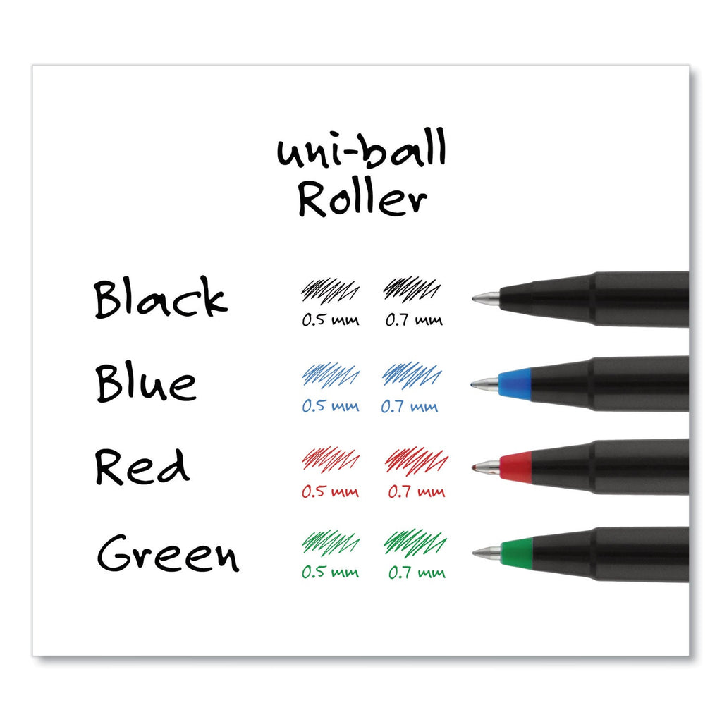 uniball Roller Ball Pen, Stick, Micro 0.5 mm, Blue Ink, Black Matte Barrel, Dozen