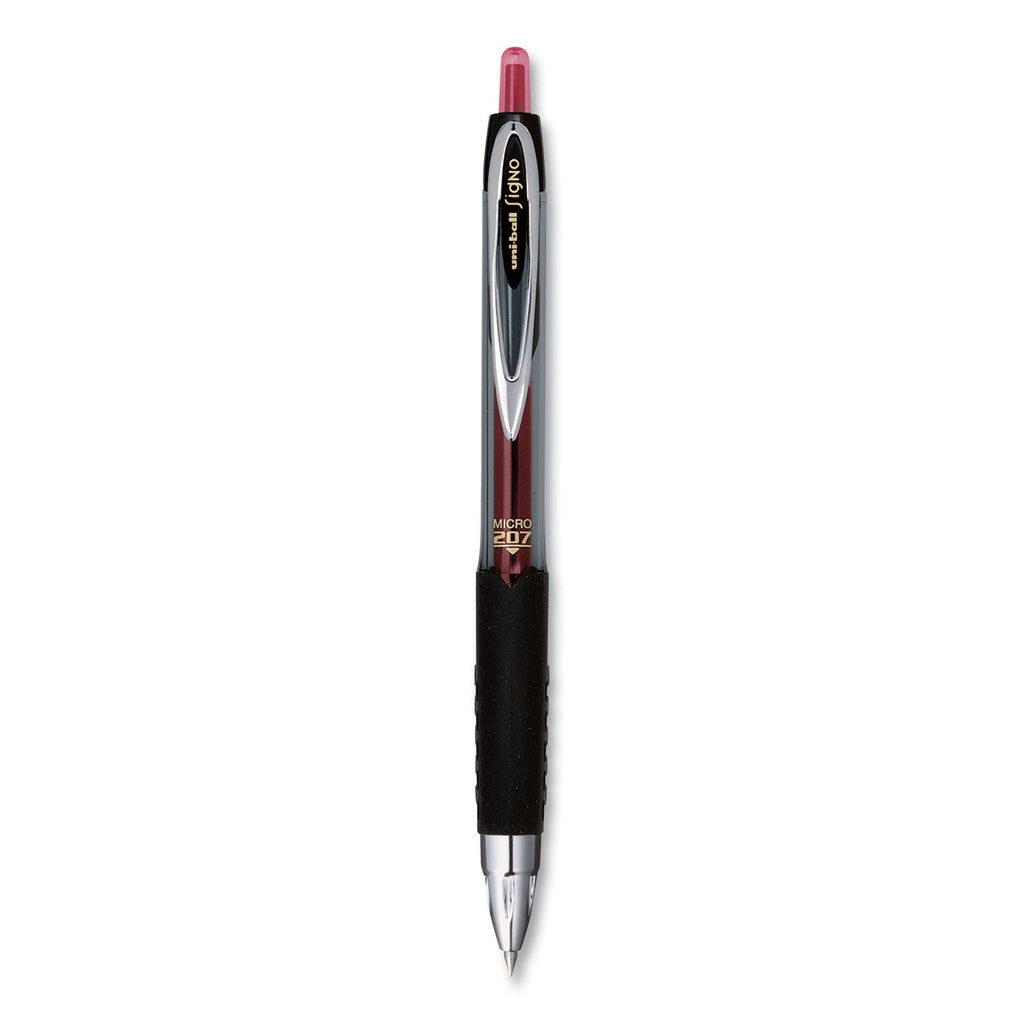 uniball Signo 207 Gel Pen, Retractable, Micro 0.5 mm, Red Ink, Smoke/Black/Red Barrel, Dozen