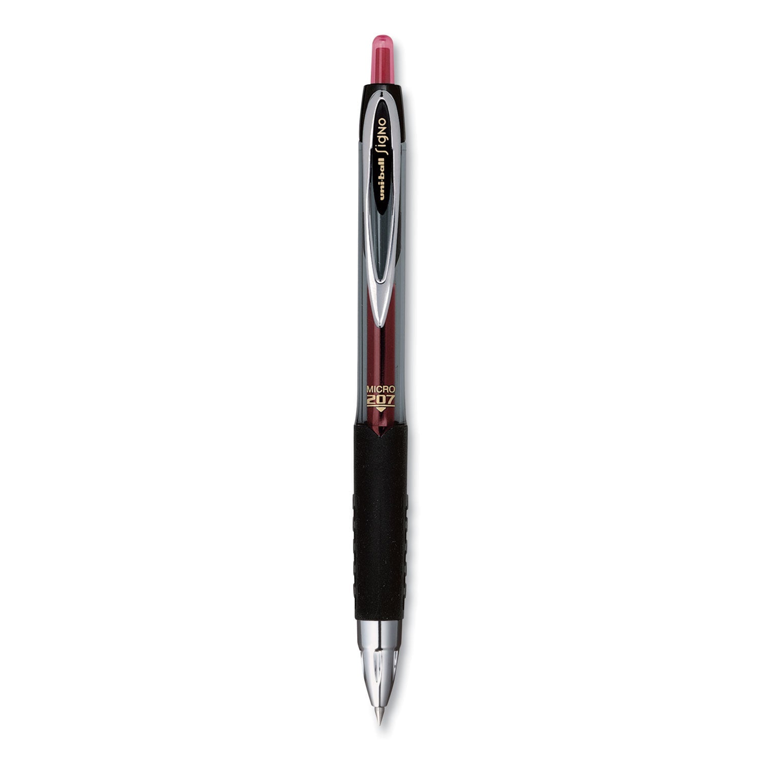 uniball Signo 207 Gel Pen, Retractable, Micro 0.5 mm, Red Ink, Smoke/Black/Red Barrel, Dozen