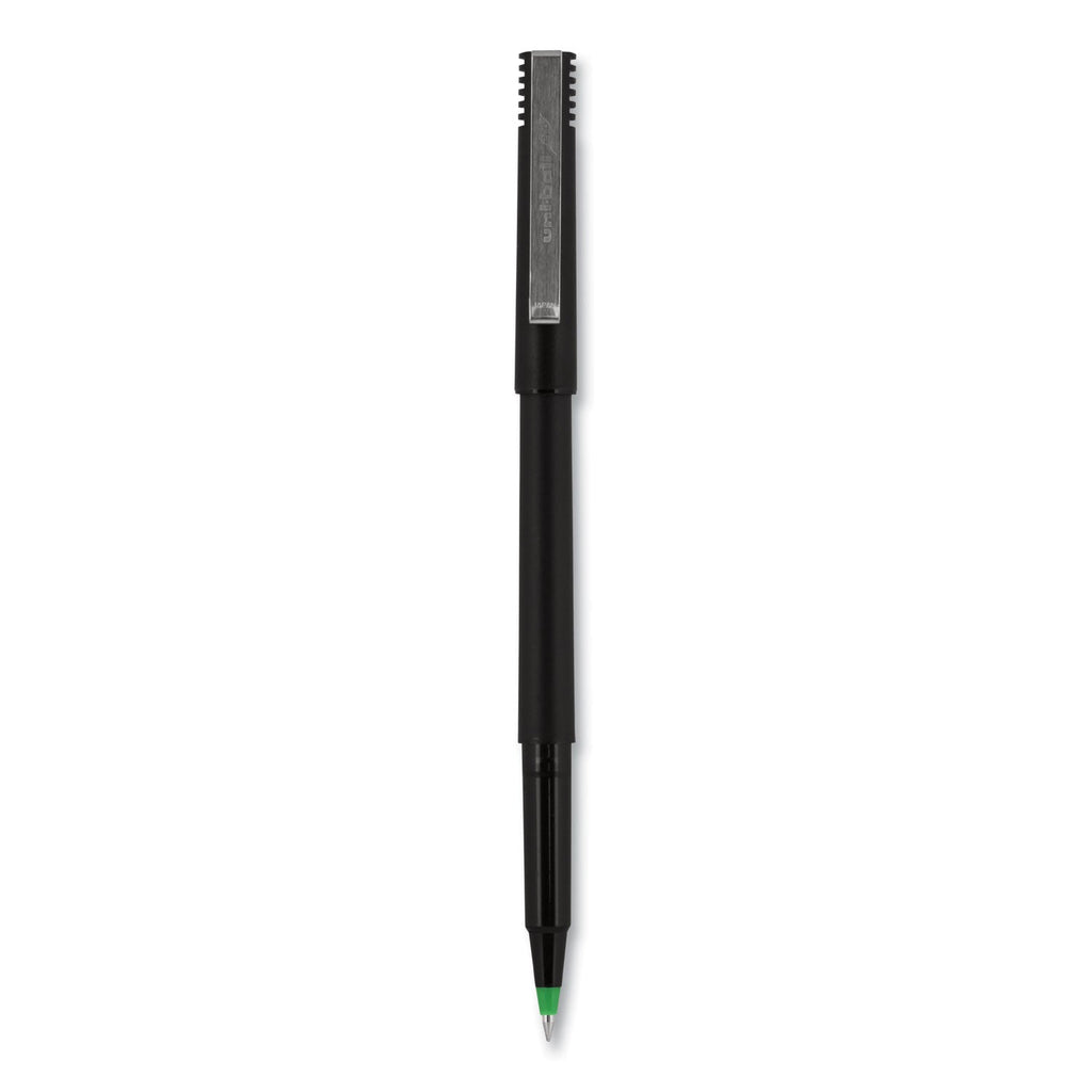 uniball Roller Ball Pen, Stick, Fine 0.7 mm, Green Ink, Black Matte Barrel, Dozen