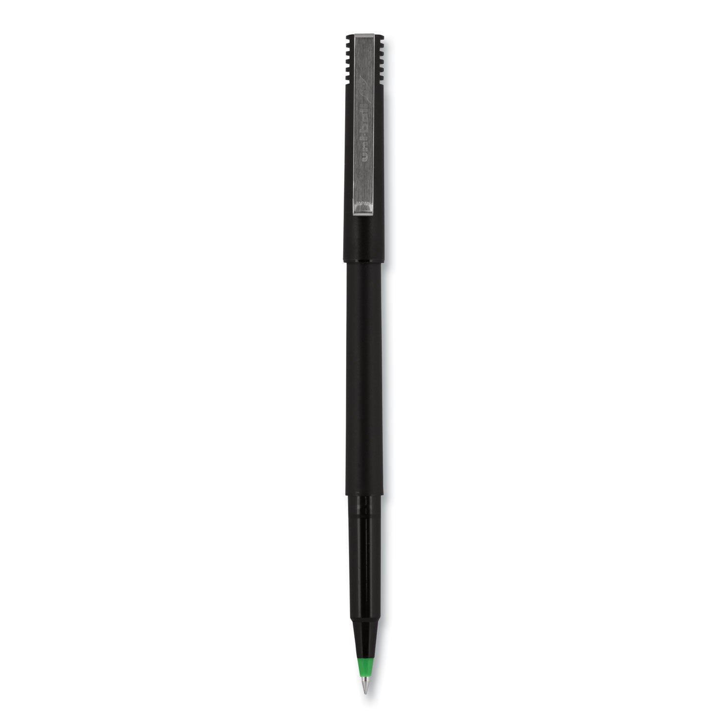 uniball Roller Ball Pen, Stick, Fine 0.7 mm, Green Ink, Black Matte Barrel, Dozen