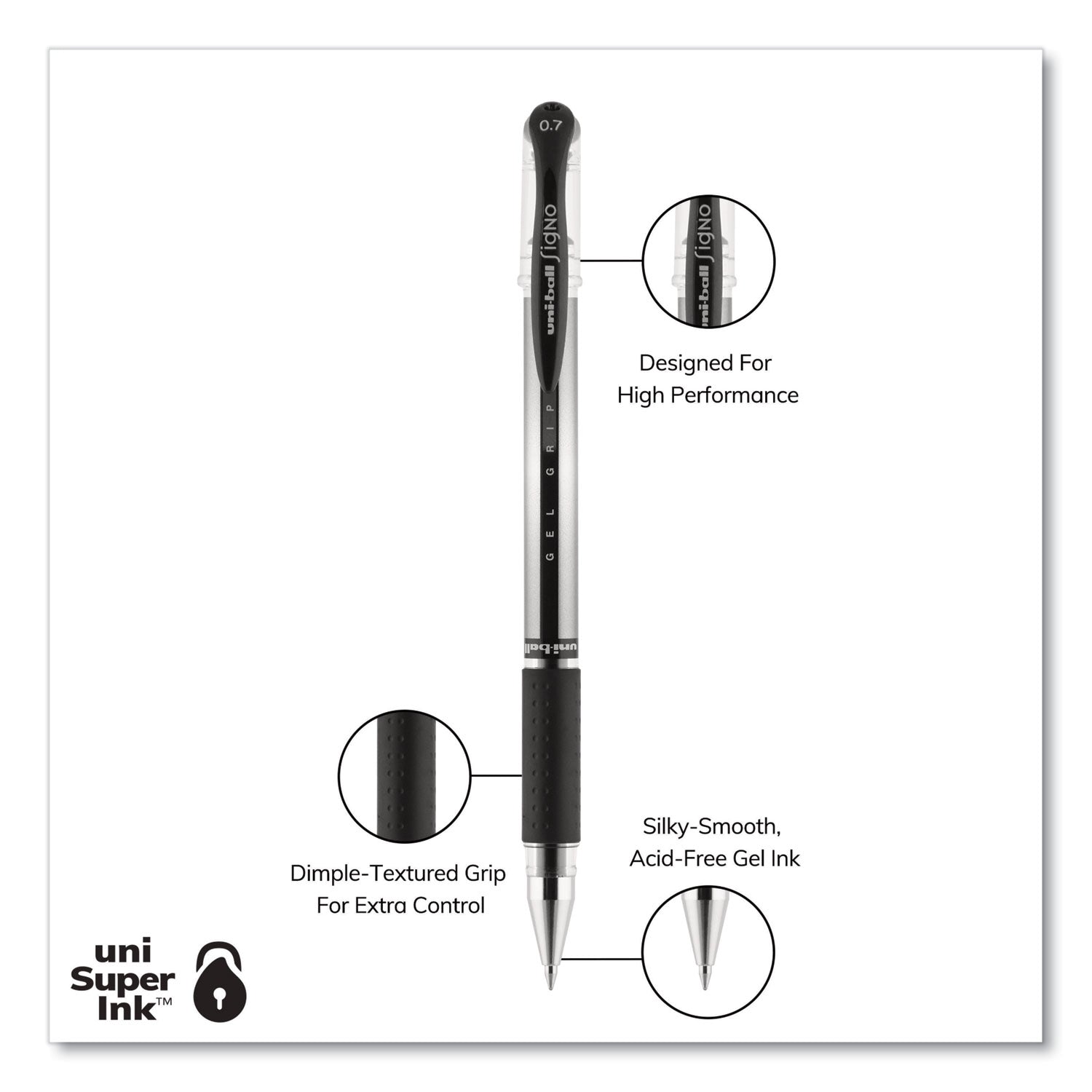 uniball Signo GRIP Gel Pen, Stick, Medium 0.7 mm, Black Ink, Silver/Black Barrel, Dozen