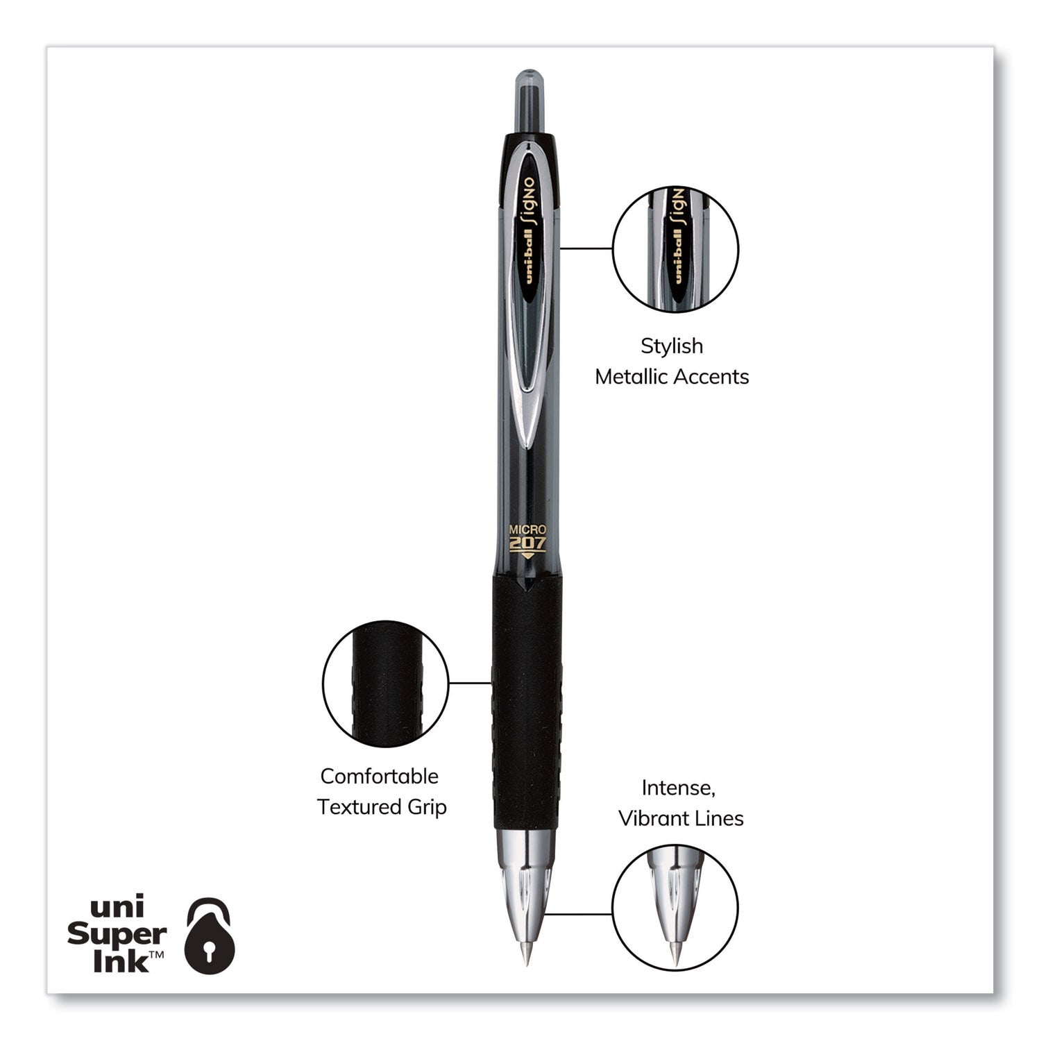 uniball Signo 207 Gel Pen, Retractable, Micro 0.5 mm, Black Ink, Smoke/Black Barrel, Dozen
