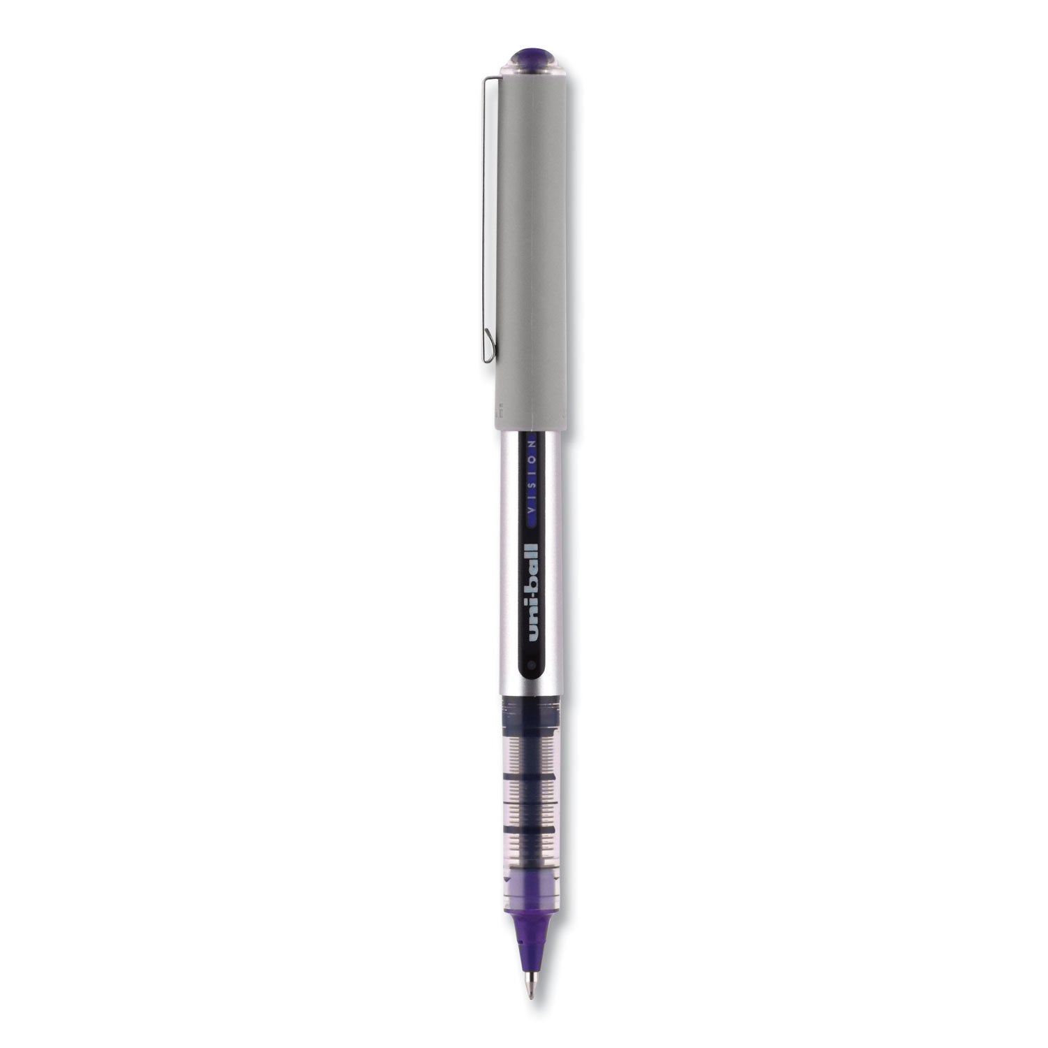 uniball VISION Roller Ball Pen, Stick, Fine 0.7 mm, Majestic Purple Ink, Gray Barrel, Dozen