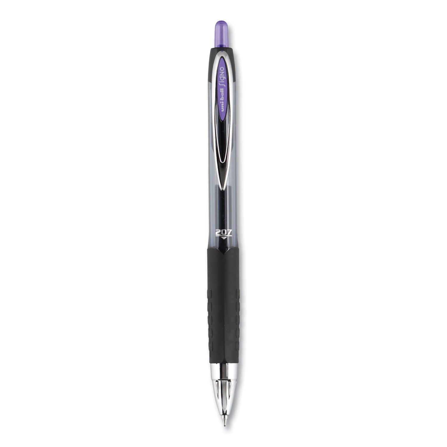 uniball Signo 207 Gel Pen, Retractable, Medium 0.7 mm, Purple Ink, Smoke/Black/Purple Barrel, Dozen