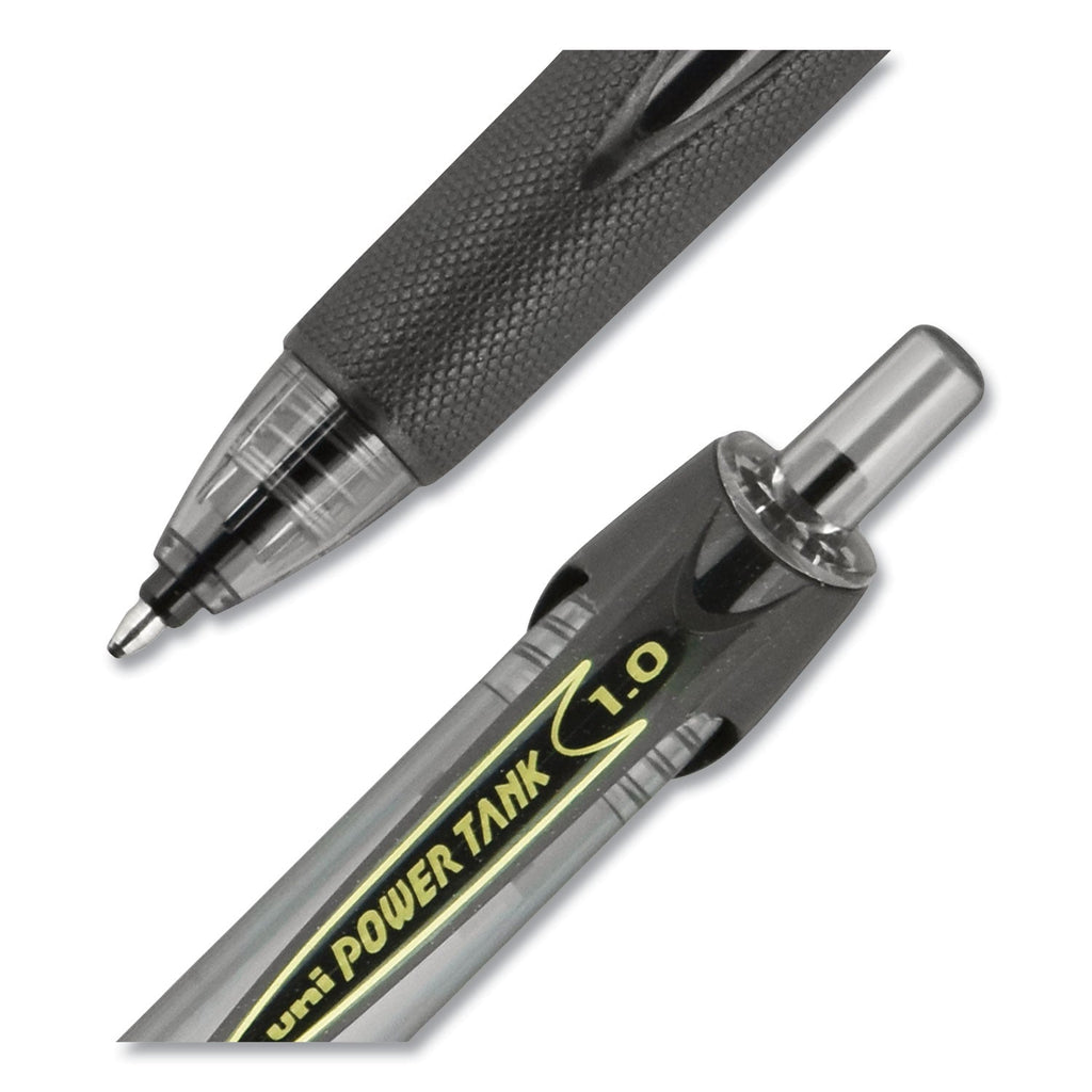 uniball Power Tank RT Ballpoint Pen, Retractable, Bold 1 mm, Black Ink, Smoke/Black Barrel, Dozen
