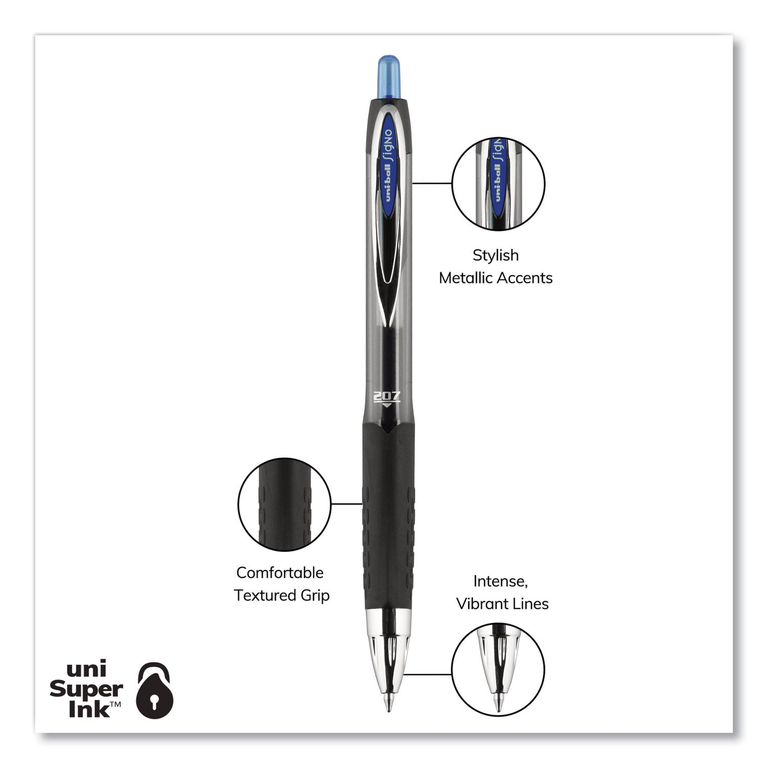 uniball Signo 207 Gel Pen, Retractable, Medium 0.7 mm, Blue Ink, Smoke/Black/Blue Barrel, Dozen