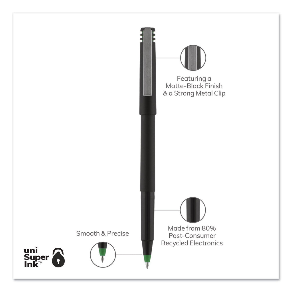 uniball Roller Ball Pen, Stick, Fine 0.7 mm, Green Ink, Black Matte Barrel, Dozen