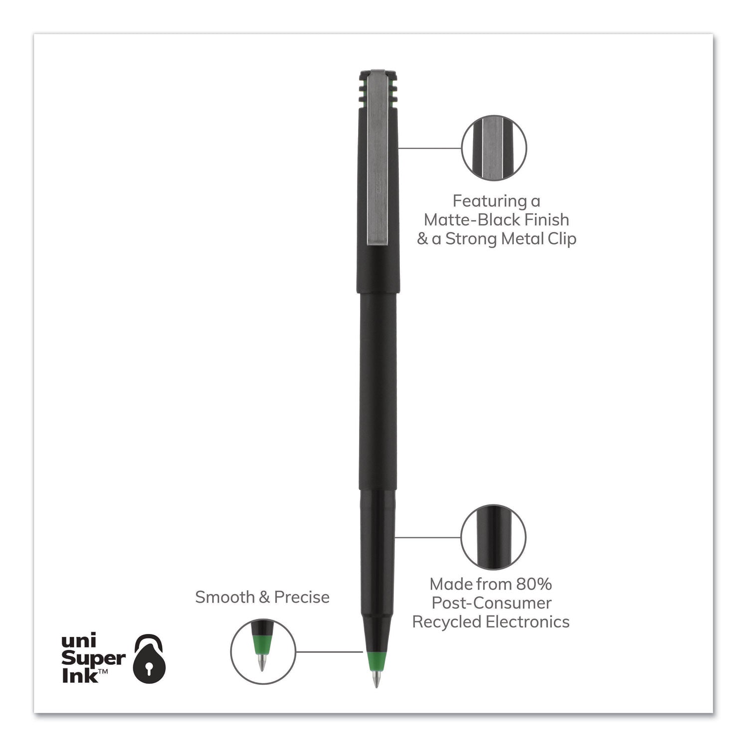 uniball Roller Ball Pen, Stick, Fine 0.7 mm, Green Ink, Black Matte Barrel, Dozen