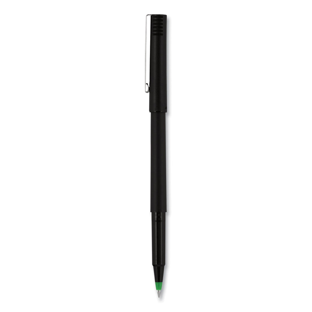 uniball Roller Ball Pen, Stick, Micro 0.5 mm, Green Ink, Black Matte Barrel, Dozen