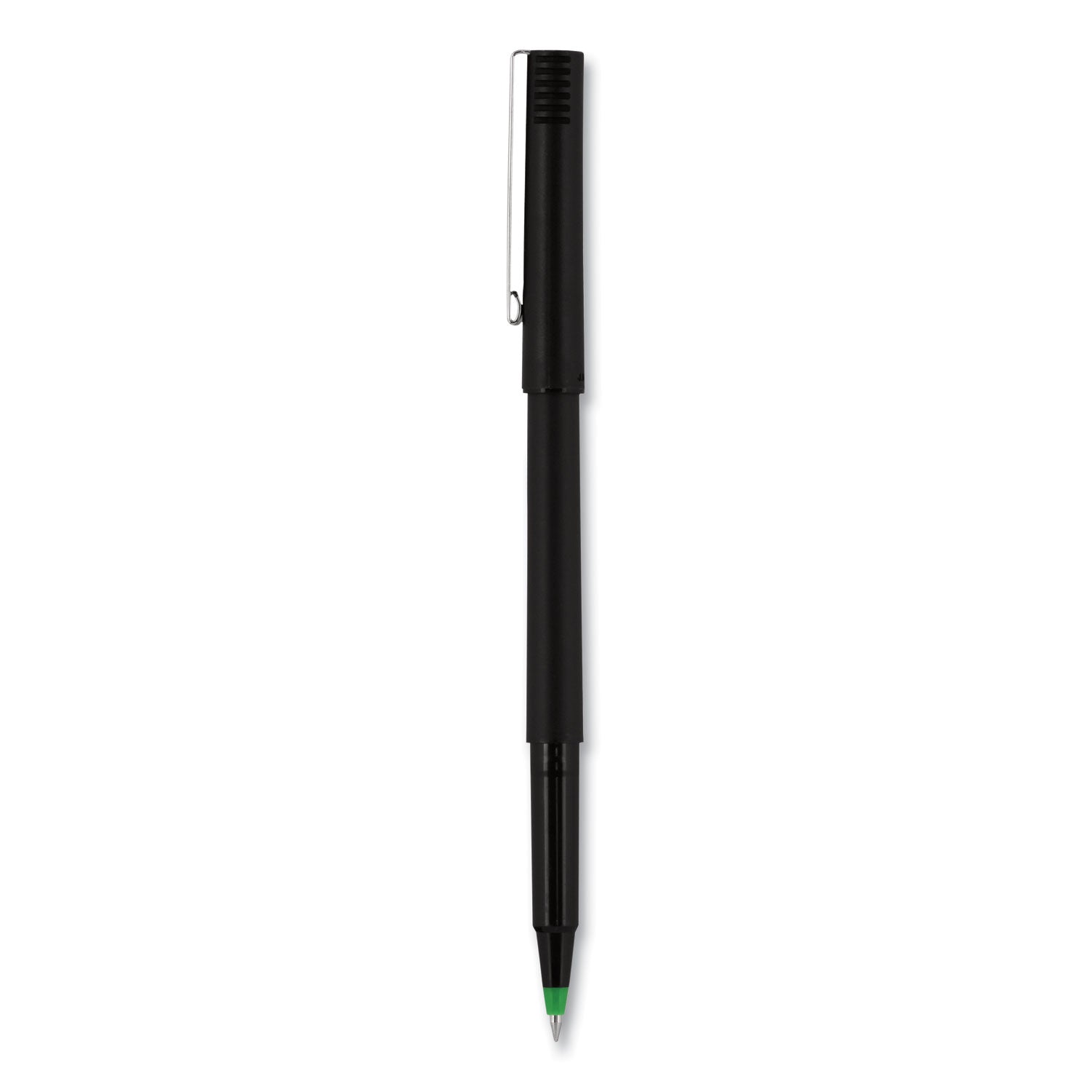 uniball Roller Ball Pen, Stick, Micro 0.5 mm, Green Ink, Black Matte Barrel, Dozen