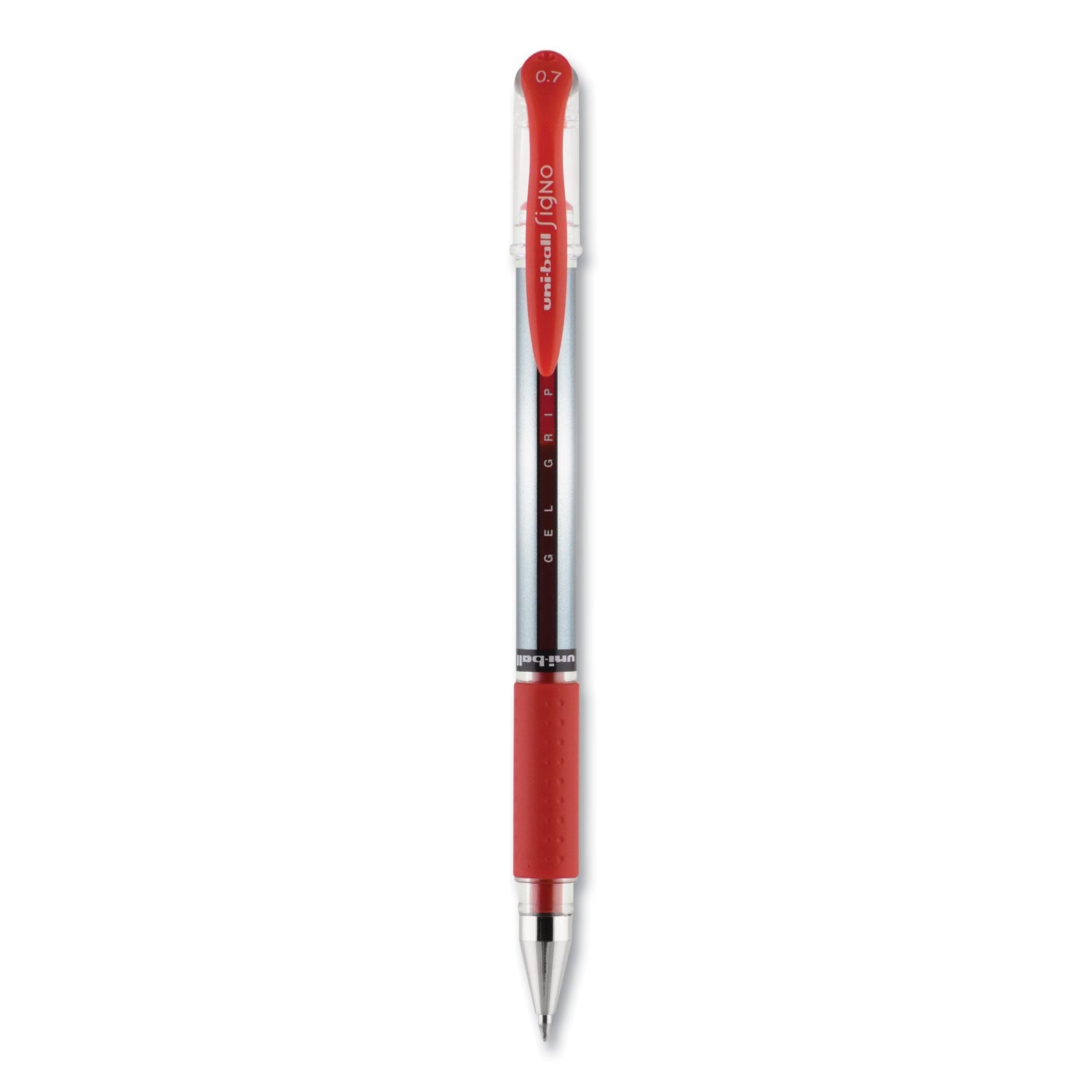 uniball Signo GRIP Gel Pen, Stick, Medium 0.7 mm, Red Ink, Silver/Red Barrel, Dozen