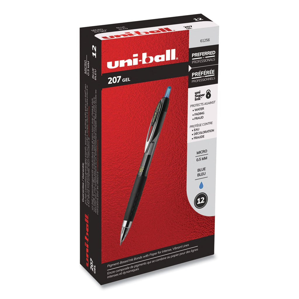 uniball Signo 207 Gel Pen, Retractable, Micro 0.5 mm, Blue Ink, Smoke/Black/Blue Barrel, Dozen