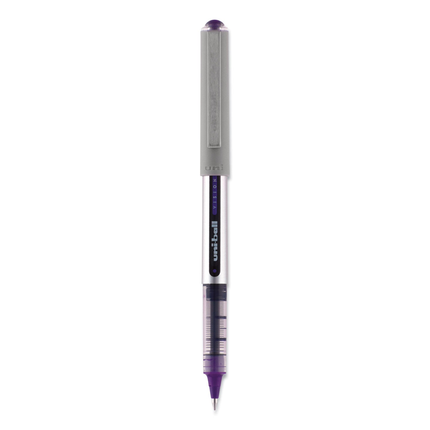 uniball VISION Roller Ball Pen, Stick, Fine 0.7 mm, Majestic Purple Ink, Gray Barrel, Dozen