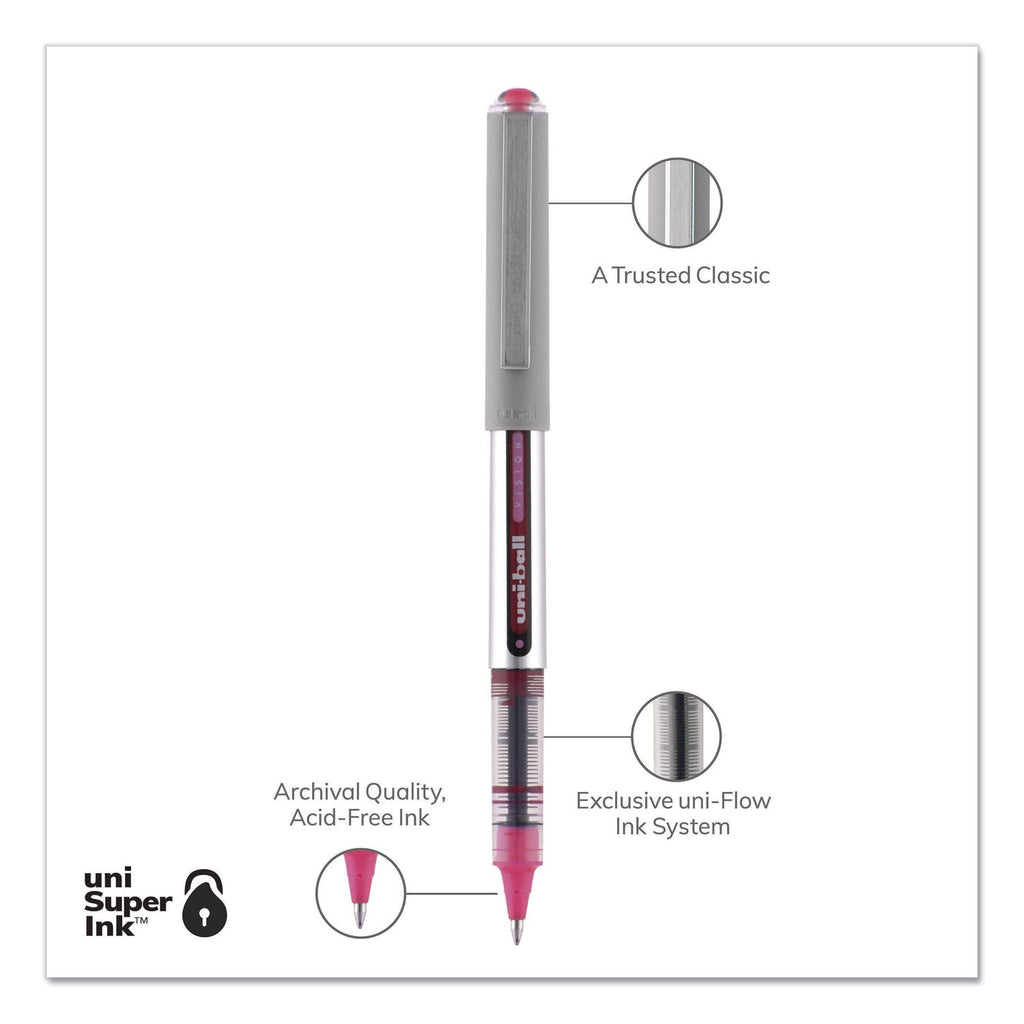 uniball VISION Roller Ball Pen, Stick, Fine 0.7 mm, Passion Pink Ink, Gray Barrel, Dozen