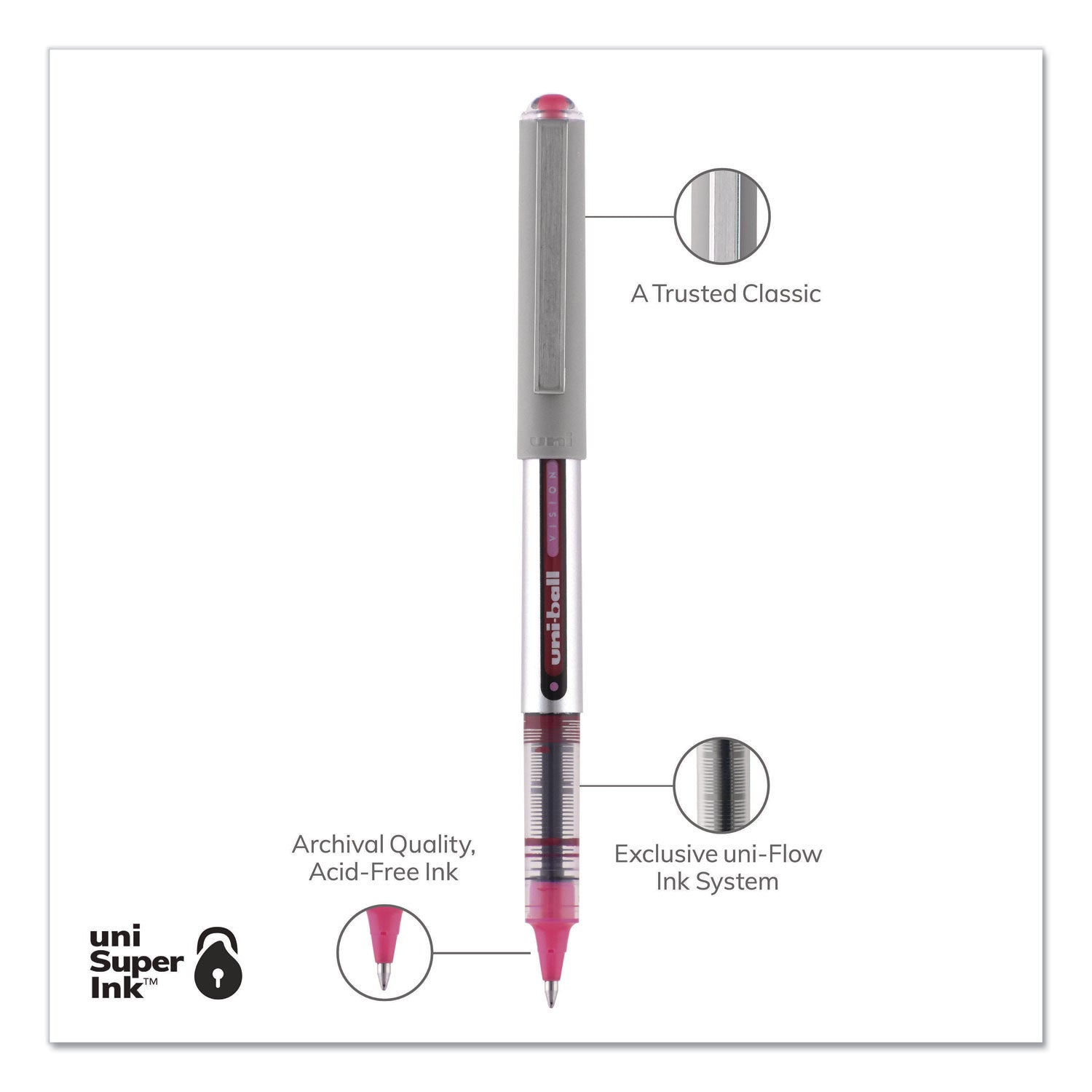 uniball VISION Roller Ball Pen, Stick, Fine 0.7 mm, Passion Pink Ink, Gray Barrel, Dozen
