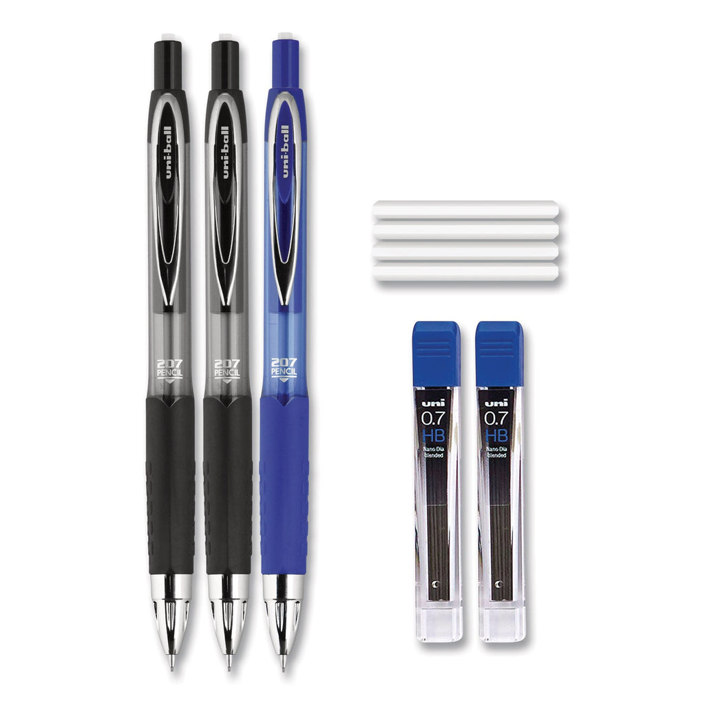uniball 207 Mechanical Pencil with Lead and Eraser Refills, 0.7 mm, HB (#2), Black Lead, Assorted Barrel Colors, 3/Set