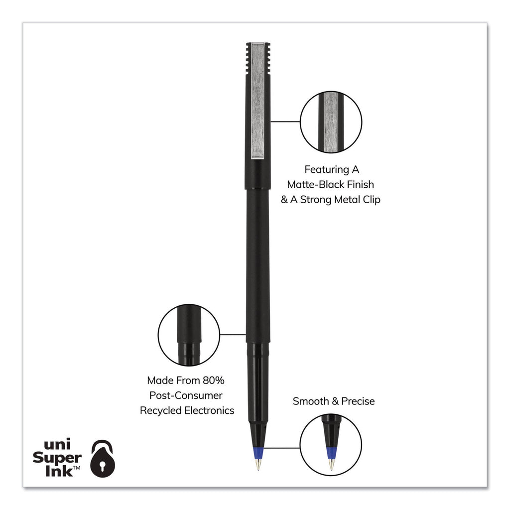 uniball Roller Ball Pen, Stick, Micro 0.5 mm, Blue Ink, Black Matte Barrel, Dozen