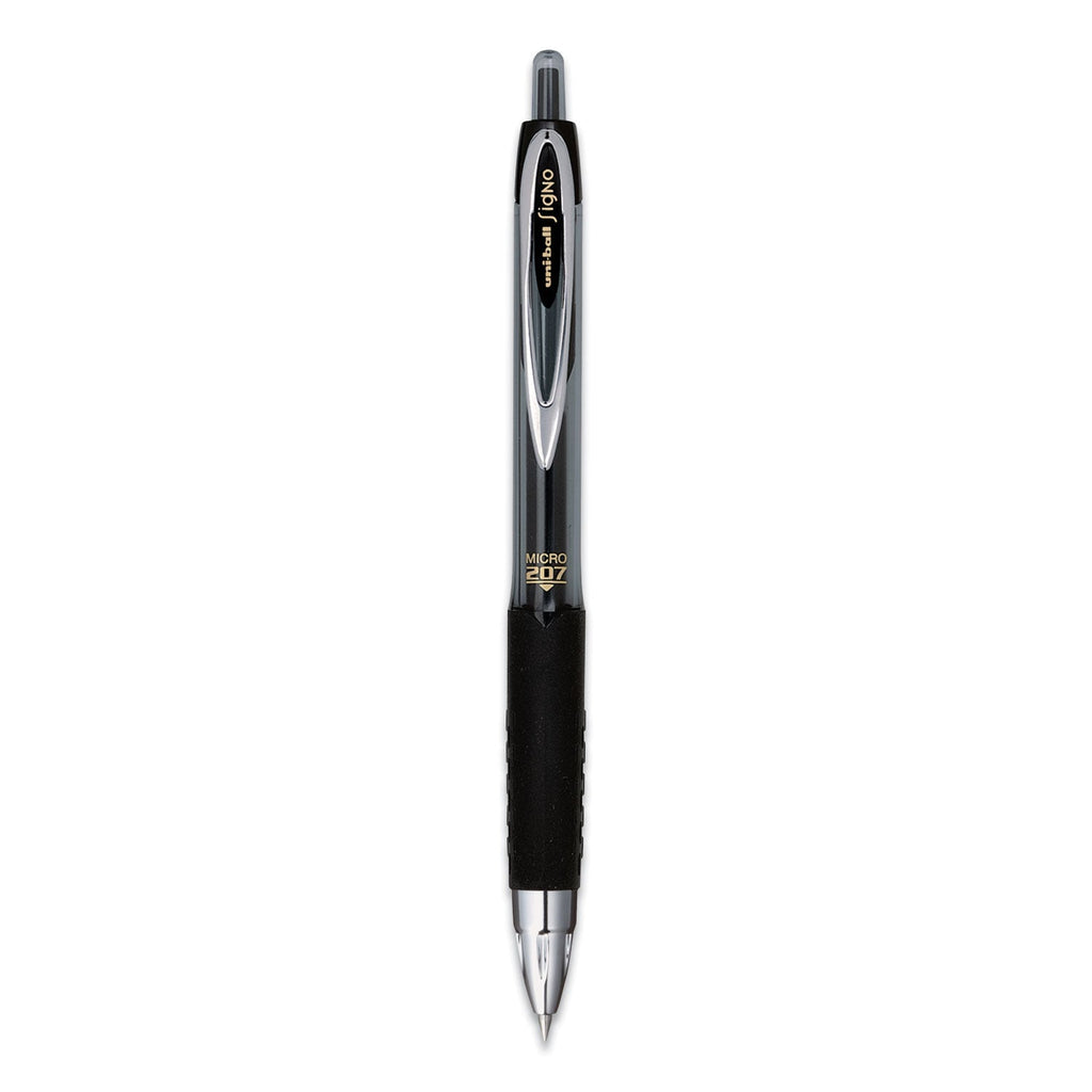 uniball Signo 207 Gel Pen, Retractable, Micro 0.5 mm, Black Ink, Smoke/Black Barrel, Dozen