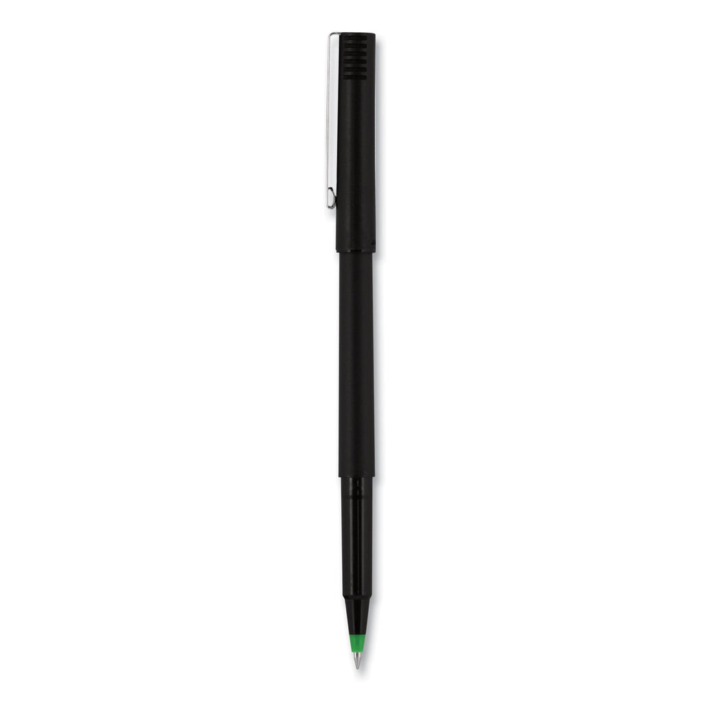 uniball Roller Ball Pen, Stick, Fine 0.7 mm, Green Ink, Black Matte Barrel, Dozen