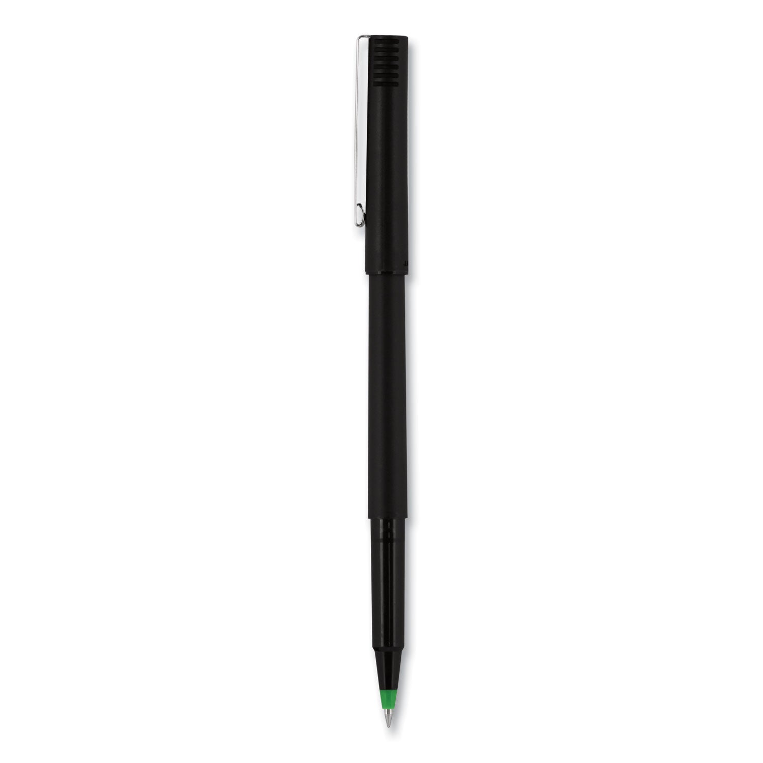 uniball Roller Ball Pen, Stick, Fine 0.7 mm, Green Ink, Black Matte Barrel, Dozen