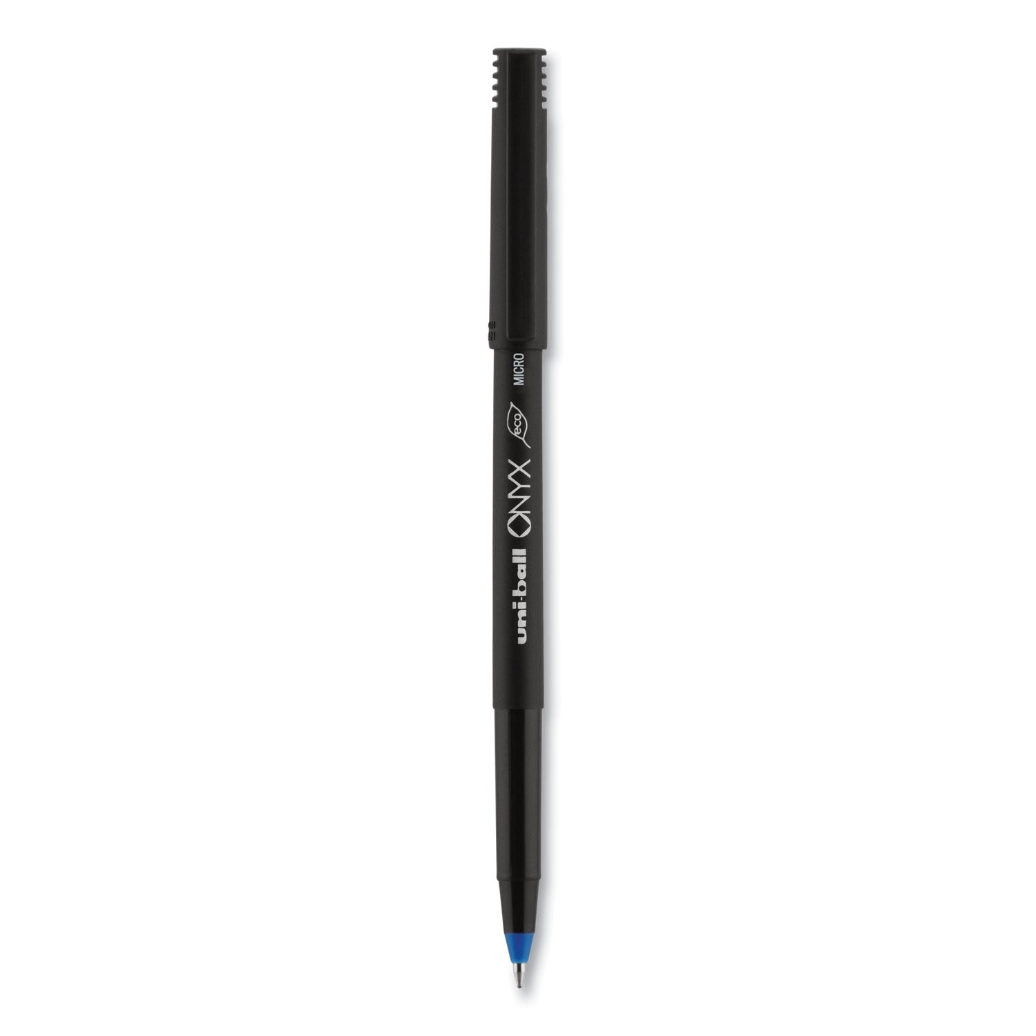 uniball ONYX Roller Ball Pen, Stick, Micro 0.5 mm, Blue Ink, Black Matte Barrel, Dozen