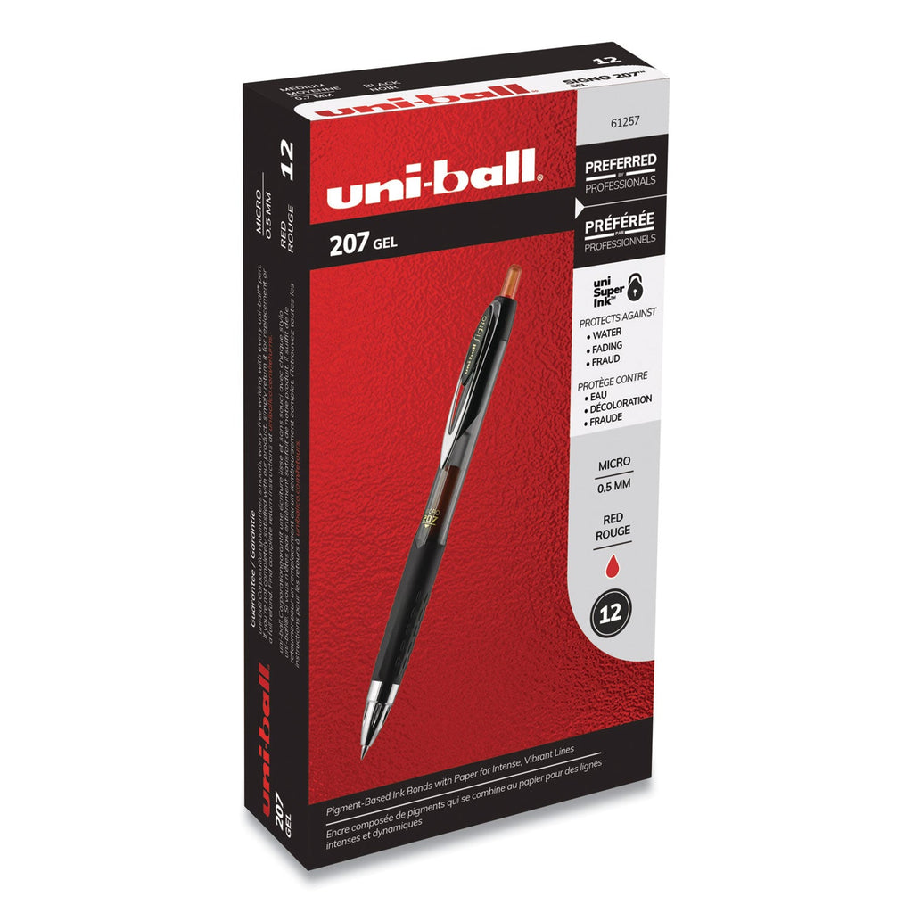 uniball Signo 207 Gel Pen, Retractable, Micro 0.5 mm, Red Ink, Smoke/Black/Red Barrel, Dozen