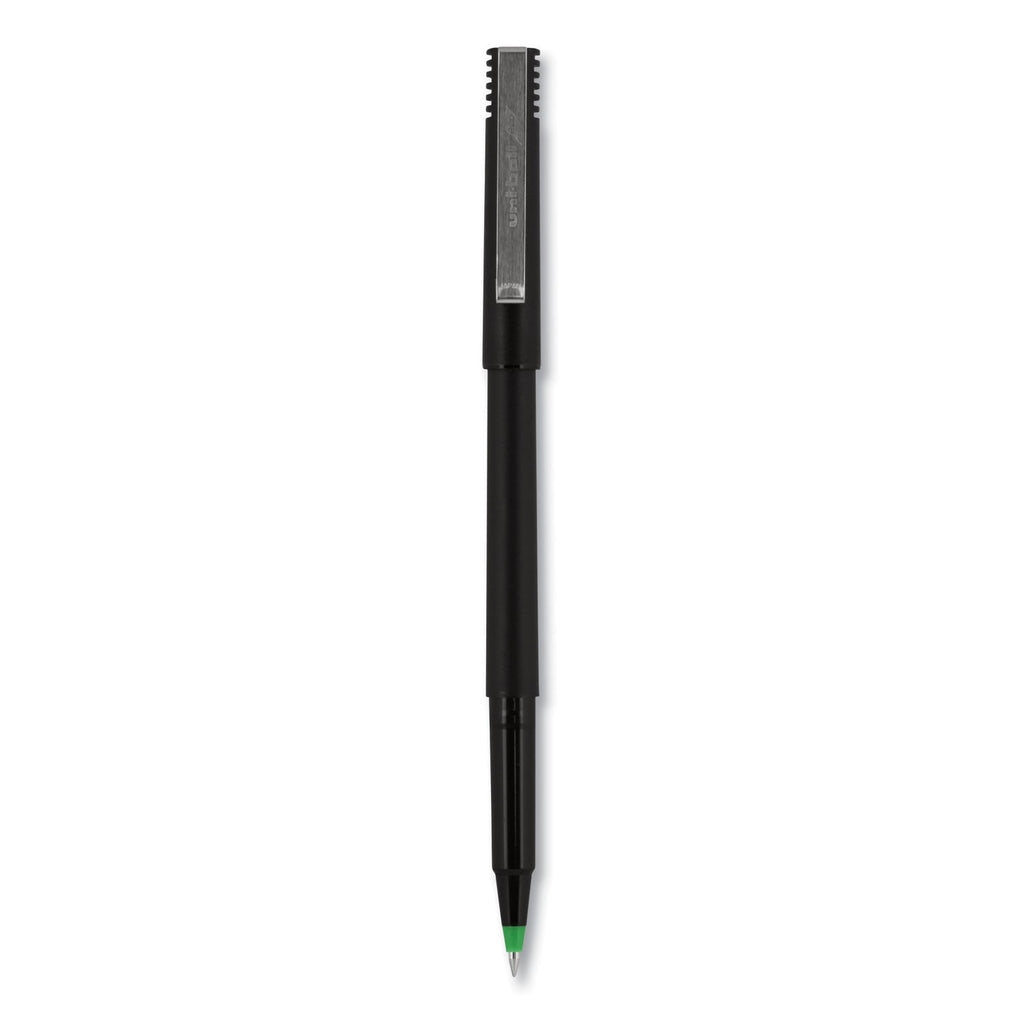 uniball Roller Ball Pen, Stick, Micro 0.5 mm, Green Ink, Black Matte Barrel, Dozen