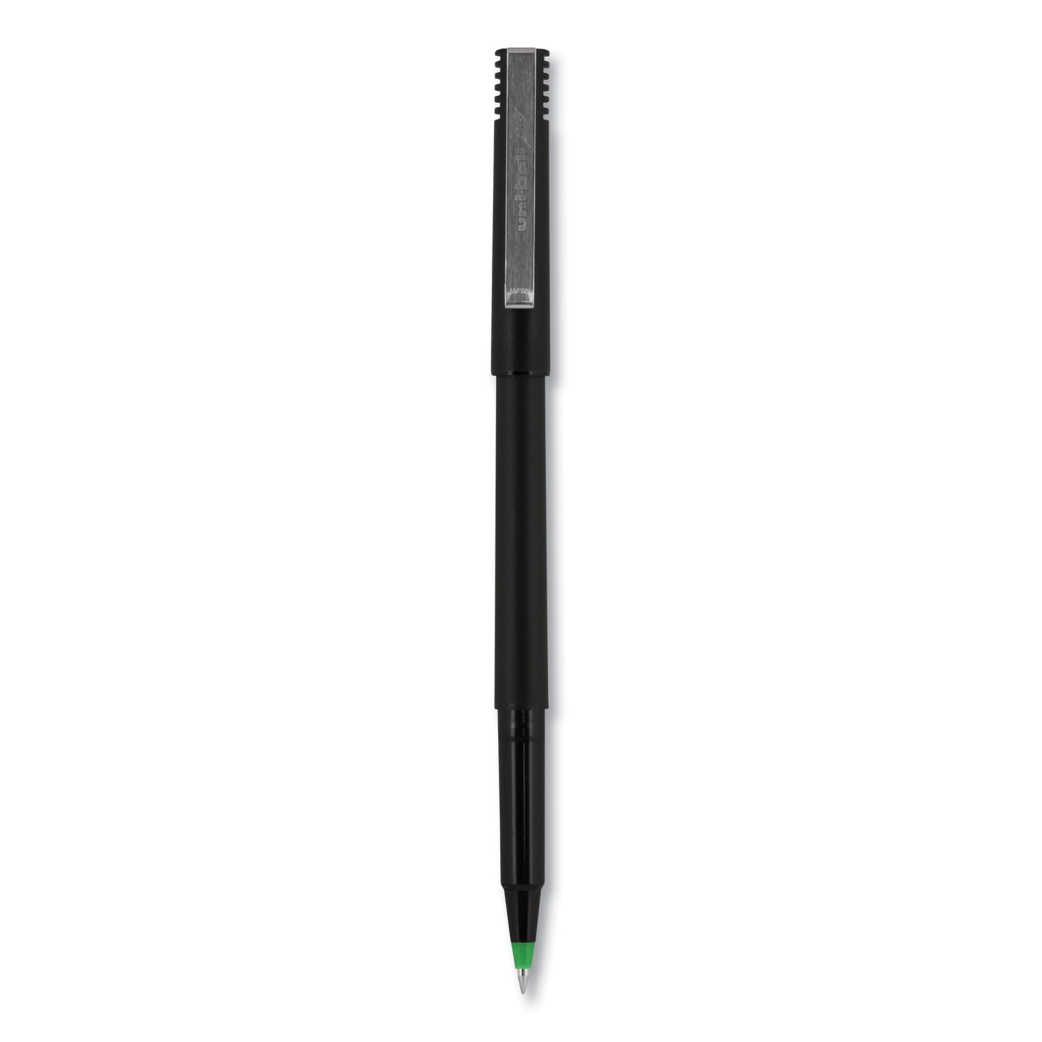 uniball Roller Ball Pen, Stick, Micro 0.5 mm, Green Ink, Black Matte Barrel, Dozen
