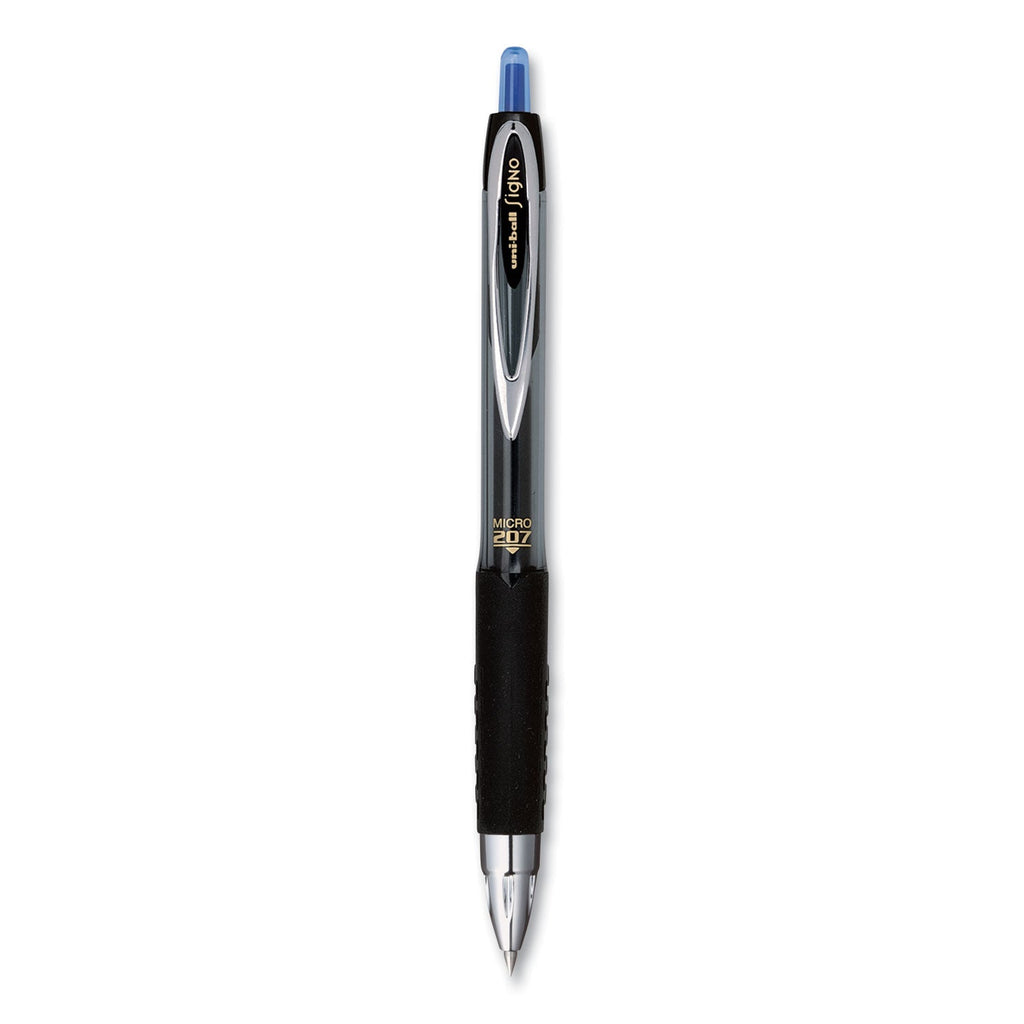uniball Signo 207 Gel Pen, Retractable, Micro 0.5 mm, Blue Ink, Smoke/Black/Blue Barrel, Dozen