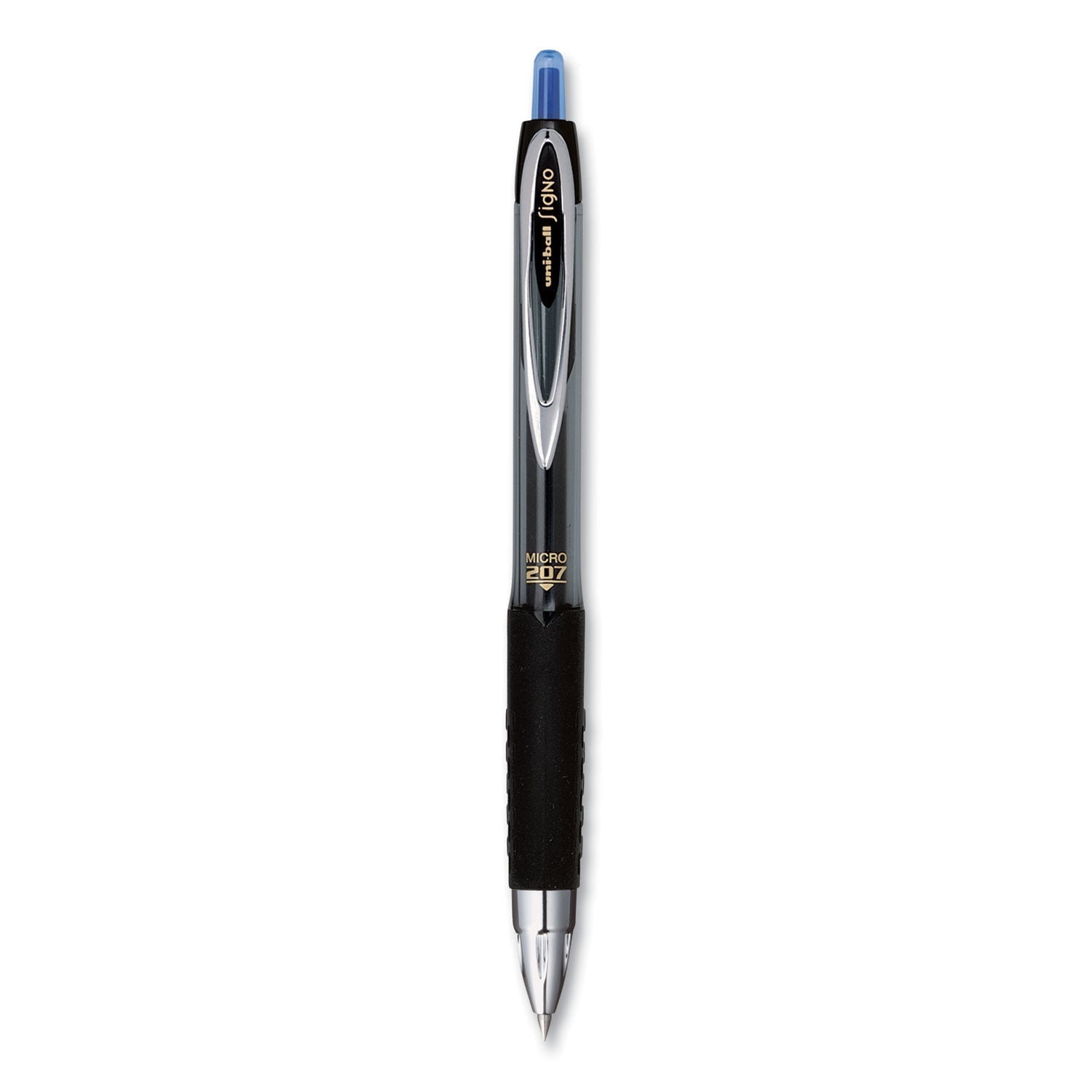 uniball Signo 207 Gel Pen, Retractable, Micro 0.5 mm, Blue Ink, Smoke/Black/Blue Barrel, Dozen