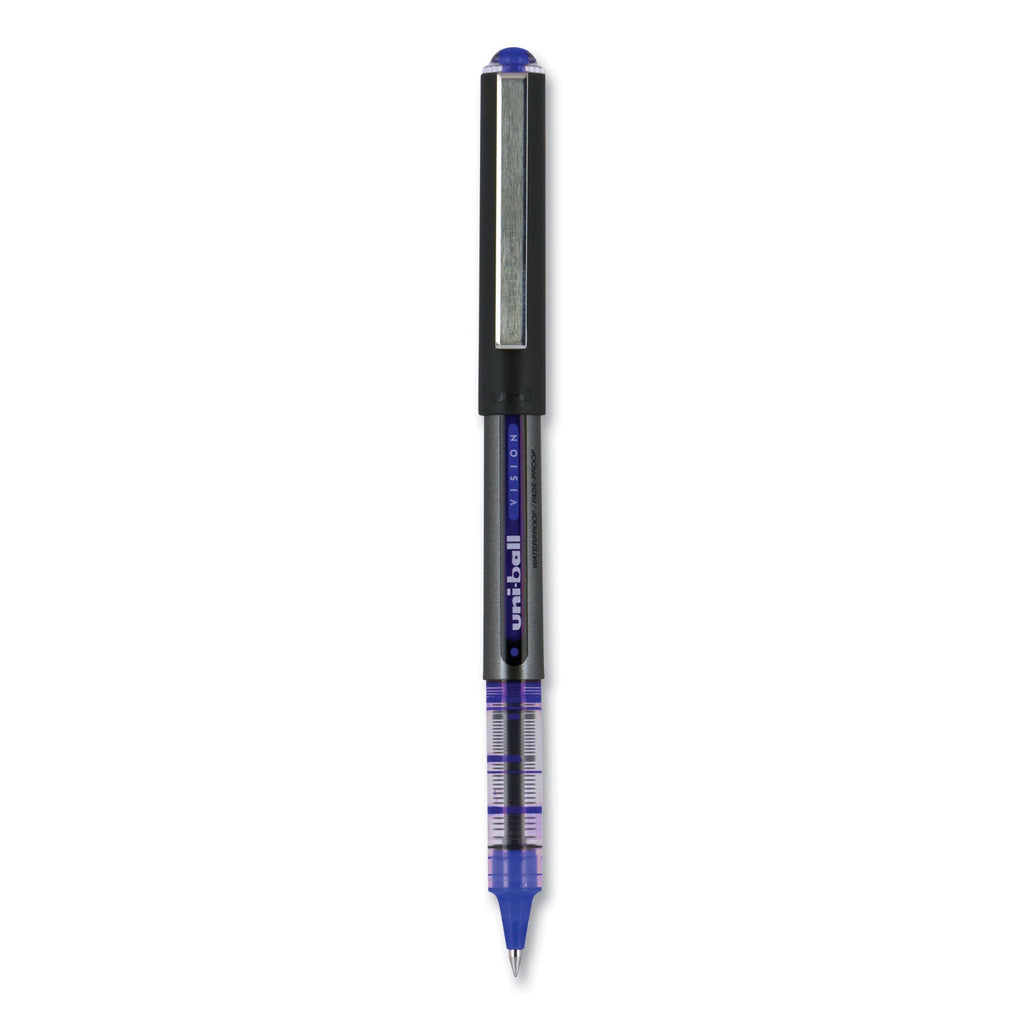 uniball VISION Roller Ball Pen, Stick, Micro 0.5 mm, Blue Ink, Blue/Gray Barrel, Dozen