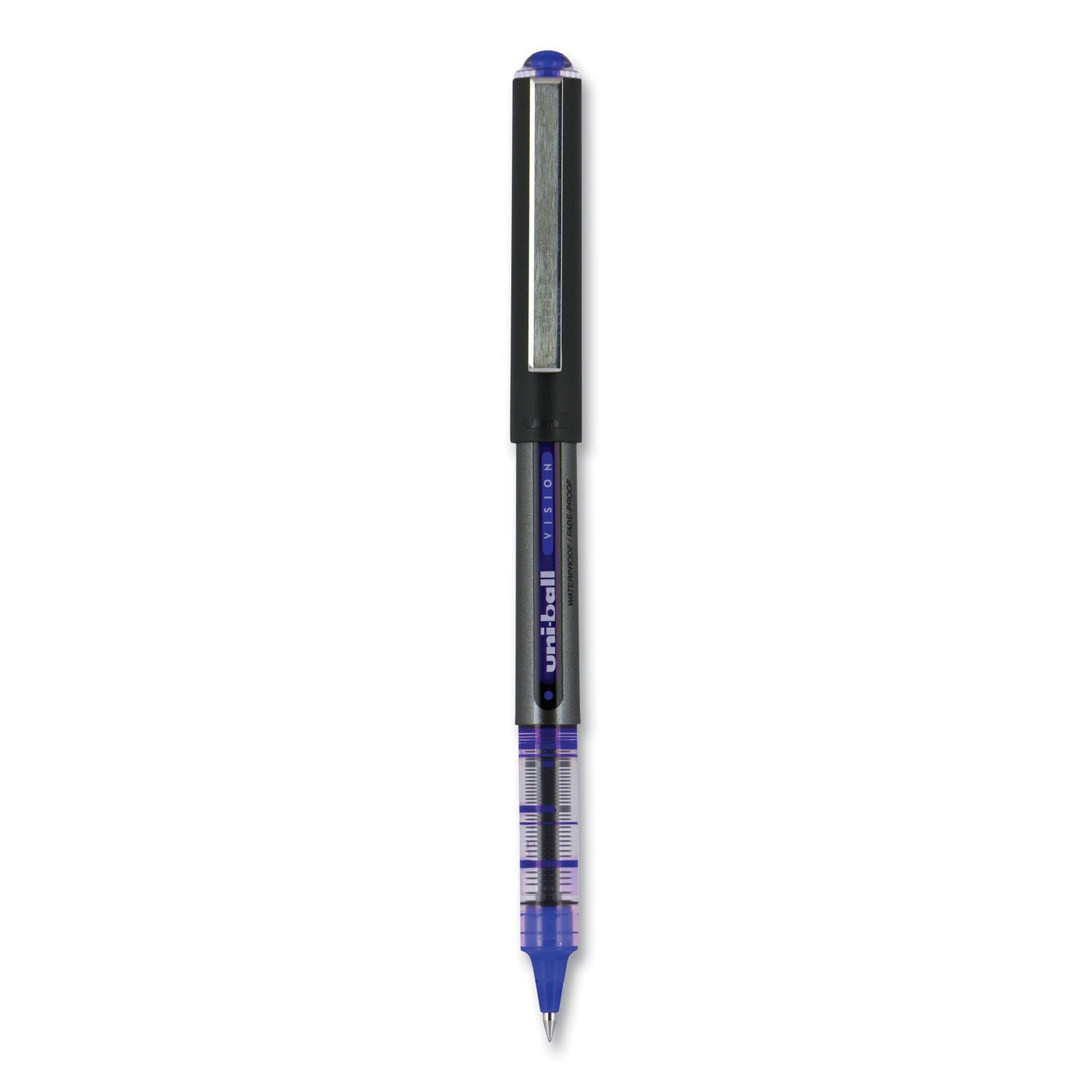 uniball VISION Roller Ball Pen, Stick, Micro 0.5 mm, Blue Ink, Blue/Gray Barrel, Dozen