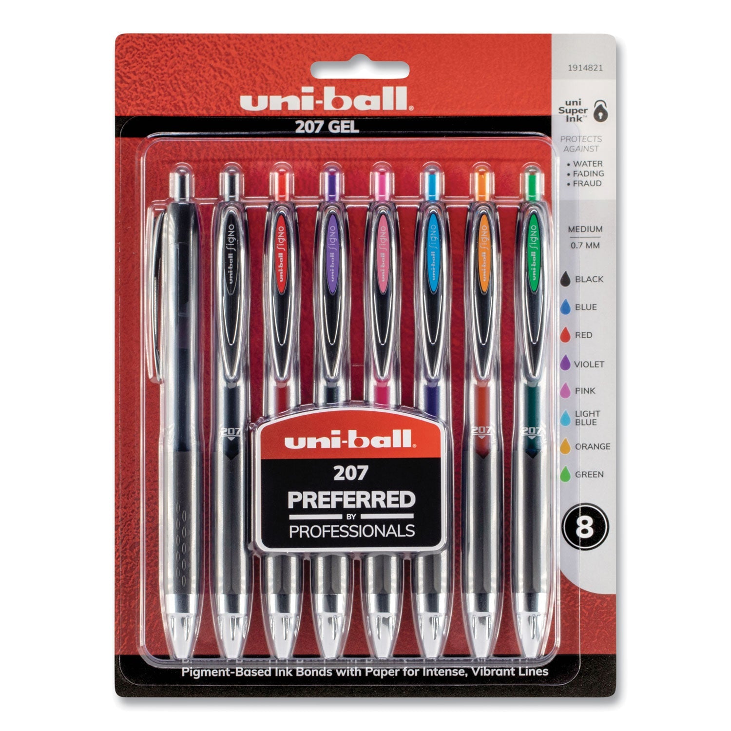 uniball Signo 207 Gel Pen, Retractable, Medium 0.7 mm, Assorted Ink Colors, Black Barrel, 8/Pack