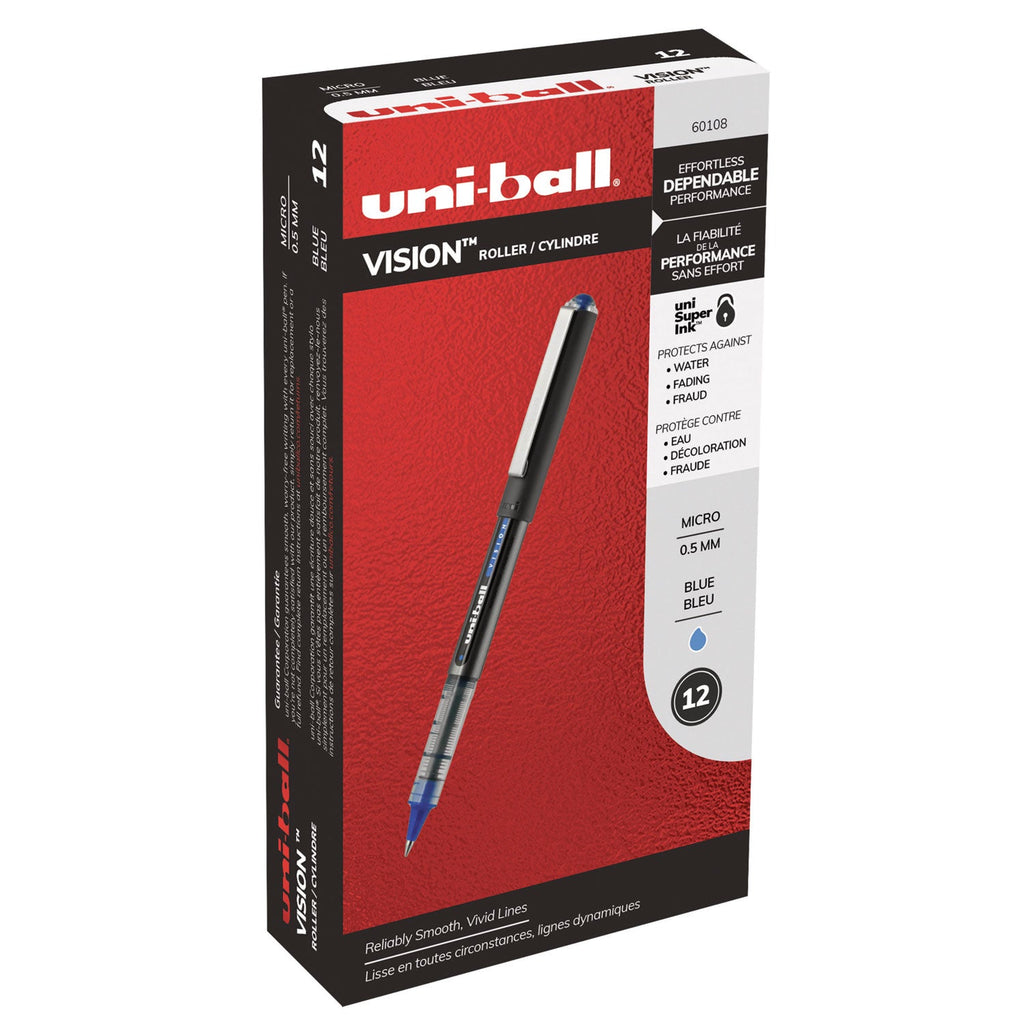 uniball VISION Roller Ball Pen, Stick, Micro 0.5 mm, Blue Ink, Blue/Gray Barrel, Dozen