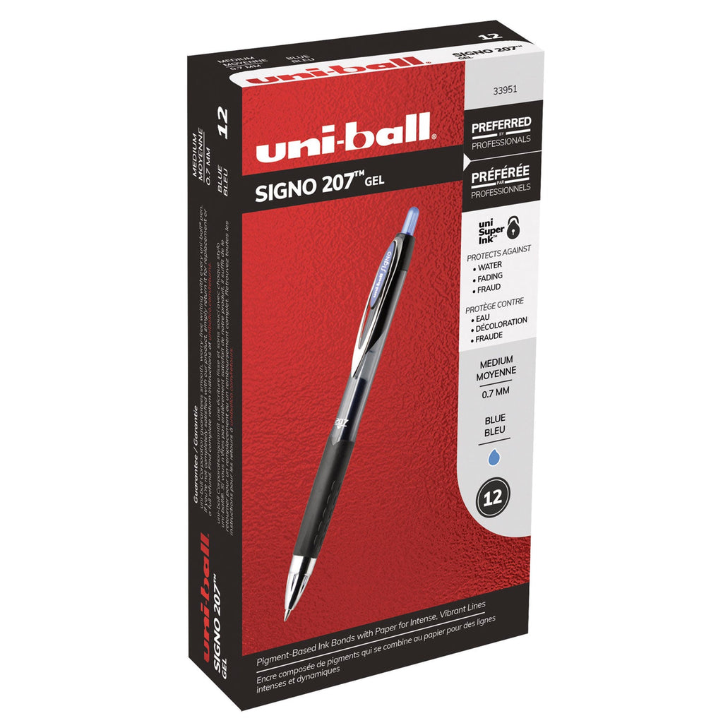 uniball Signo 207 Gel Pen, Retractable, Medium 0.7 mm, Blue Ink, Smoke/Black/Blue Barrel, Dozen