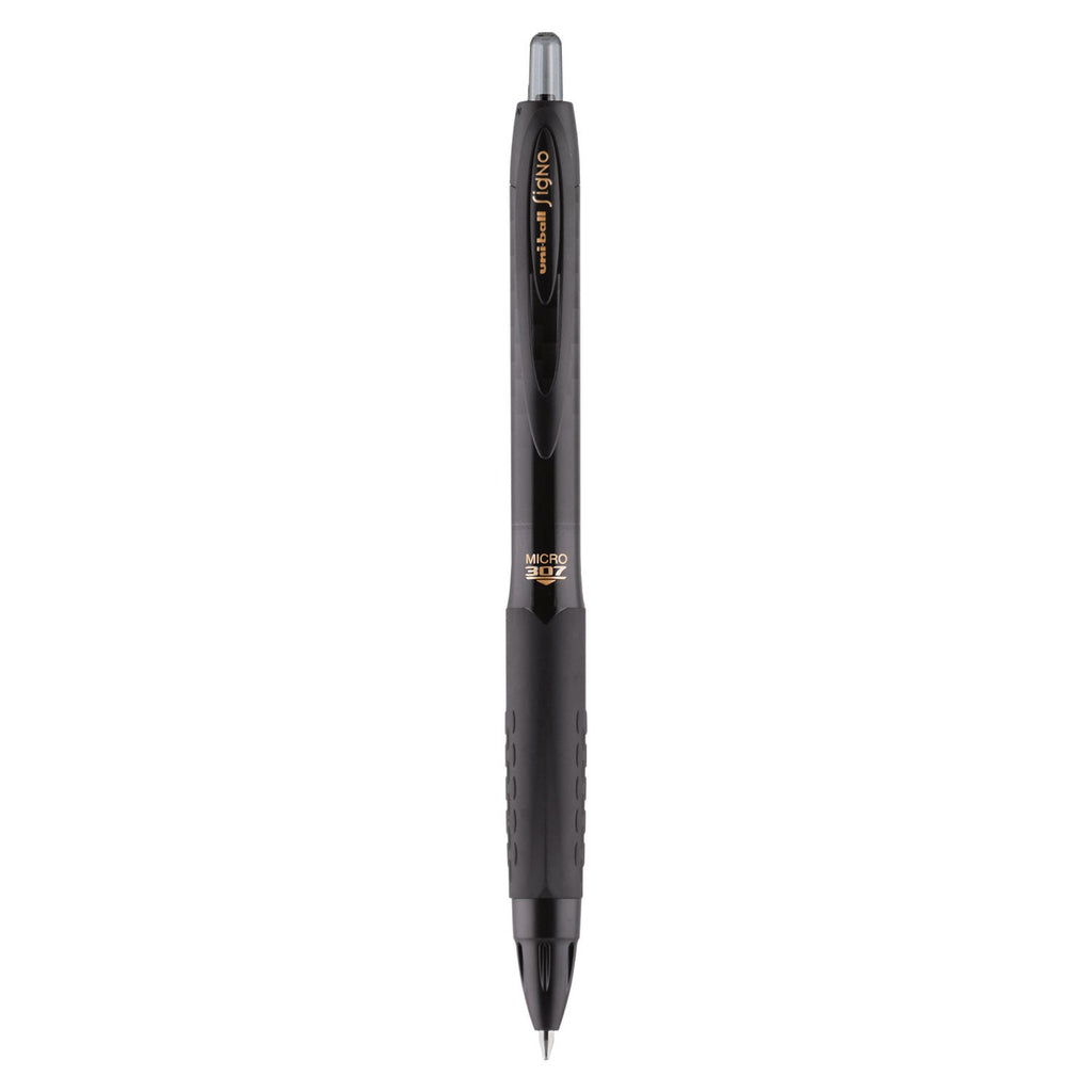 uniball 307 Gel Pen, Retractable, Micro 0.5 mm, Black Ink, Black Barrel, Dozen