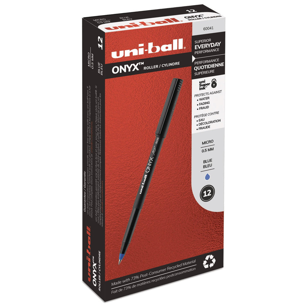 uniball ONYX Roller Ball Pen, Stick, Micro 0.5 mm, Blue Ink, Black Matte Barrel, Dozen