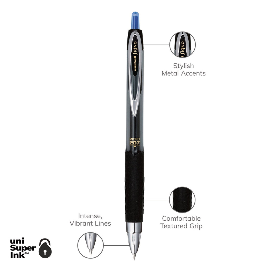 uniball Signo 207 Gel Pen, Retractable, Micro 0.5 mm, Blue Ink, Smoke/Black/Blue Barrel, Dozen