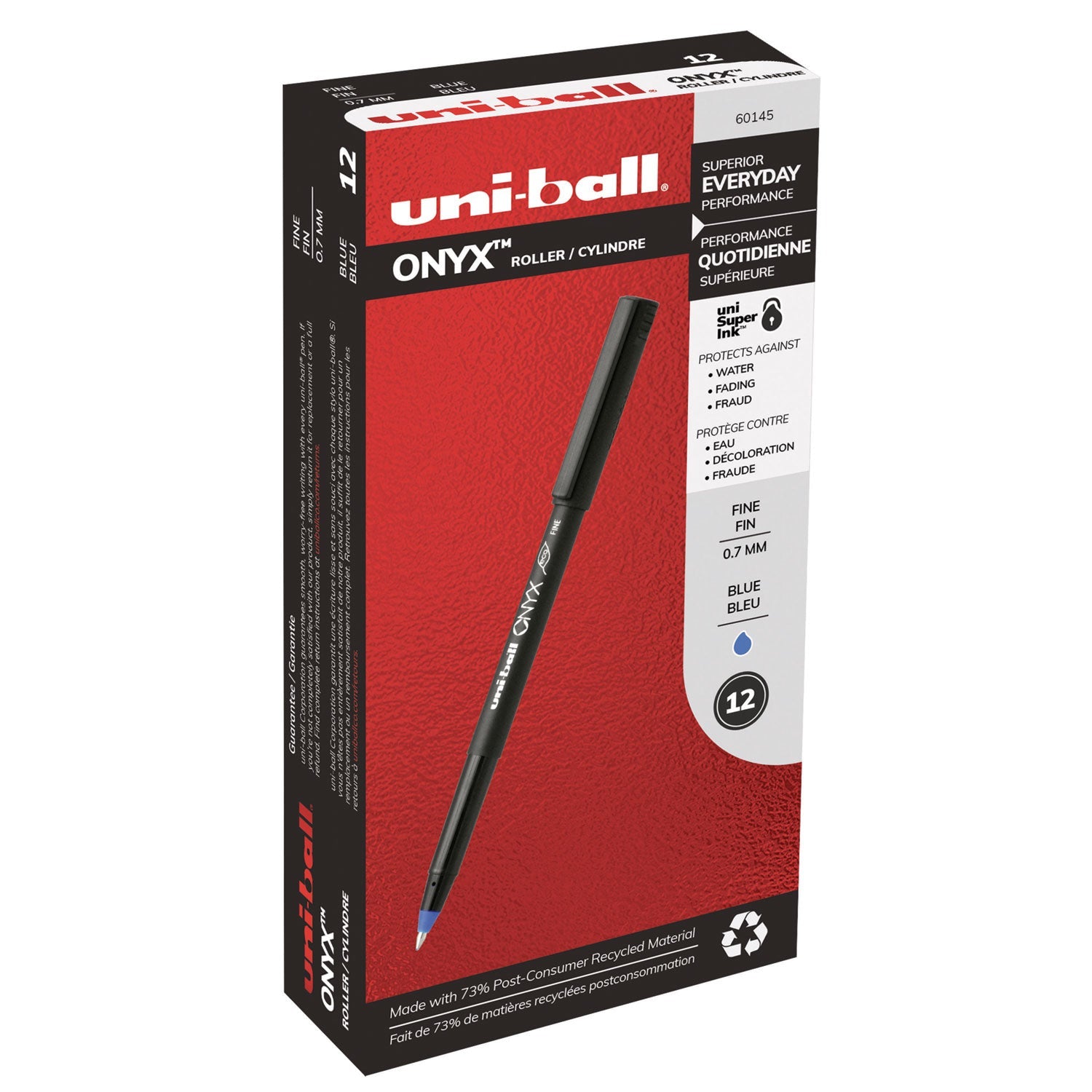 uniball ONYX Roller Ball Pen, Stick, Fine 0.7 mm, Blue Ink, Black Matte Barrel, Dozen