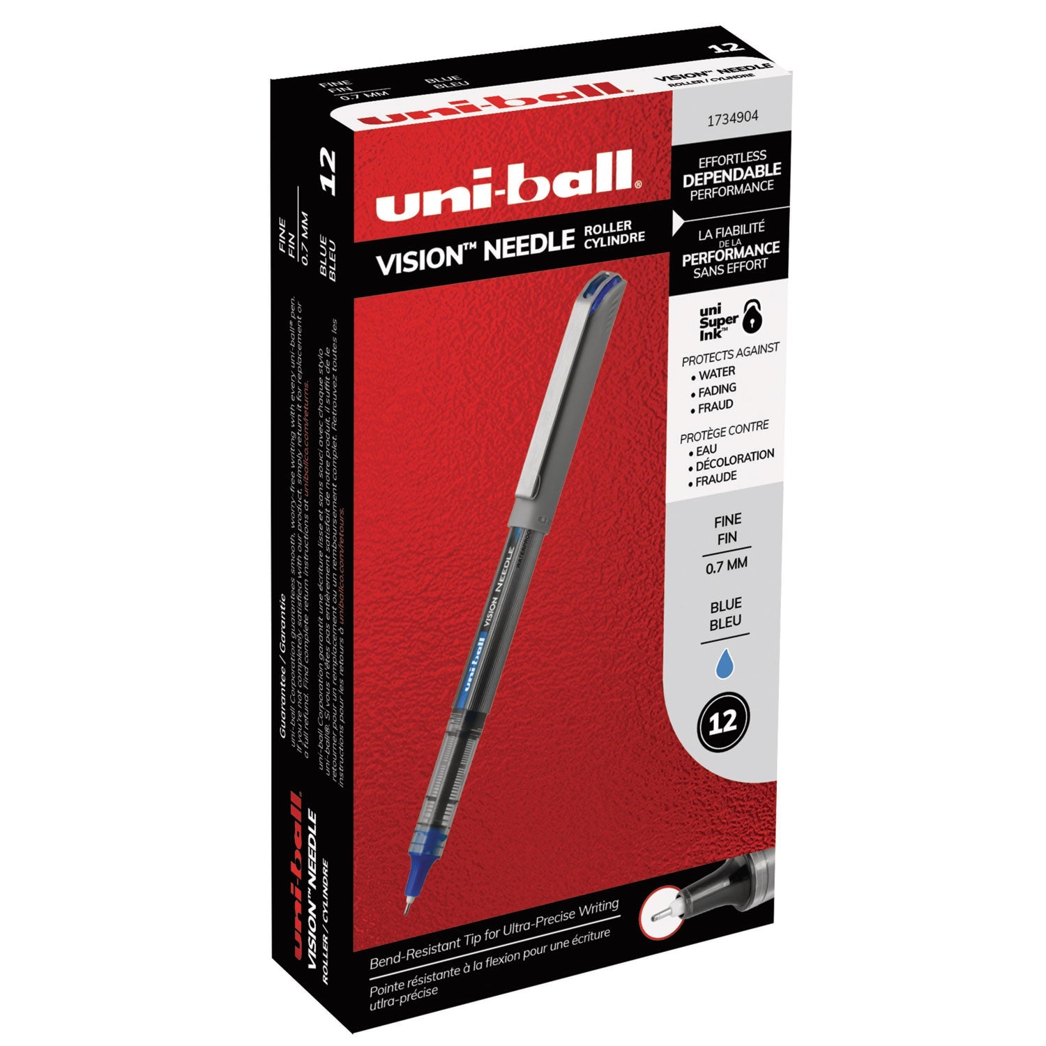 uniball VISION Needle Roller Ball Pen, Stick, Fine 0.7 mm, Blue Ink, Silver Barrel, Dozen
