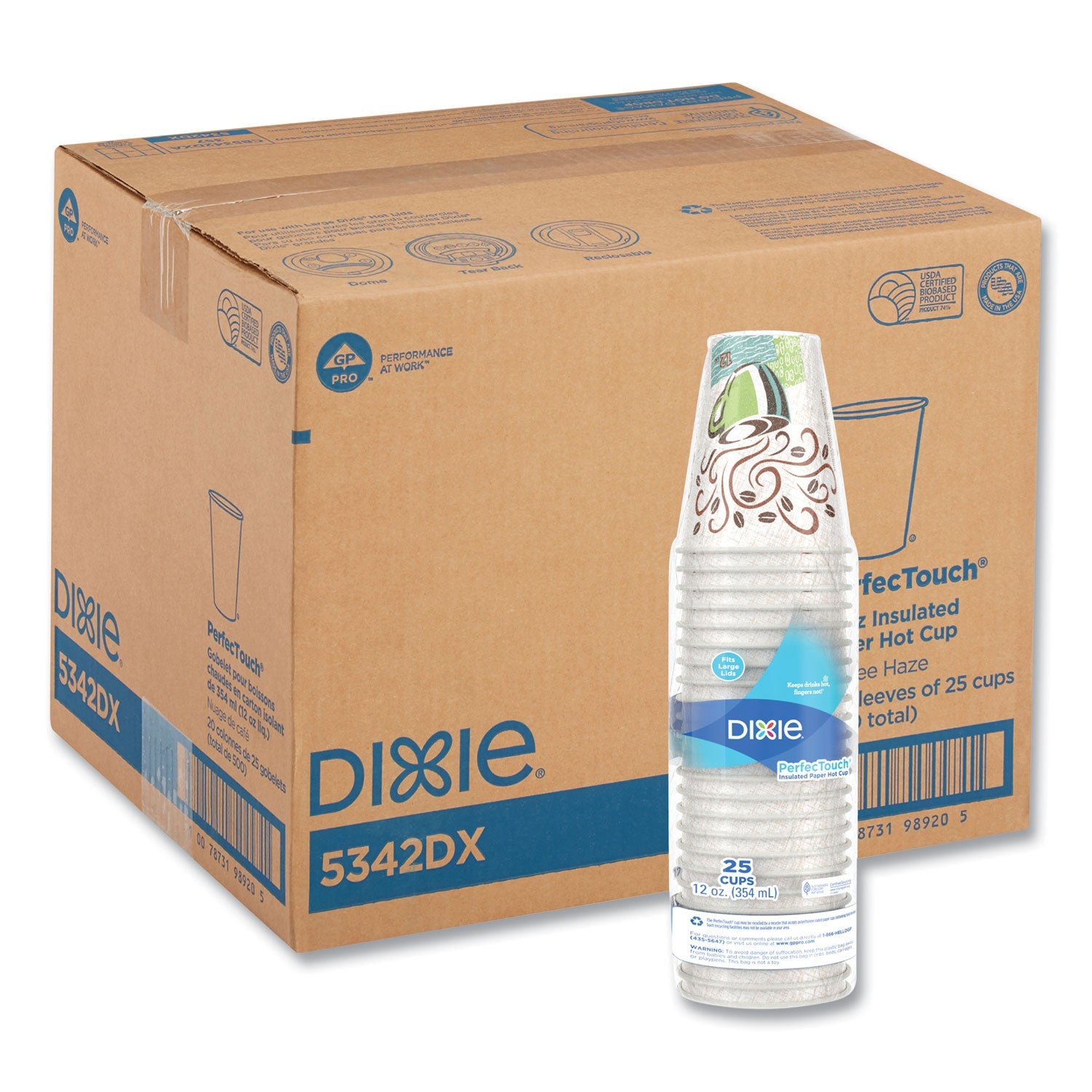 Dixie PerfecTouch Paper Hot Cups, 12 oz, Coffee Haze Design, 25 Sleeve, 20 Sleeves/Carton
