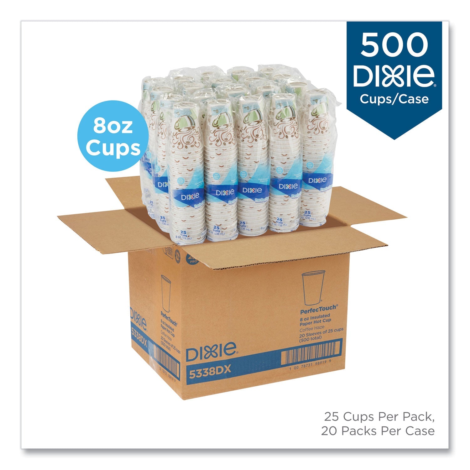 Dixie PerfecTouch Paper Hot Cups, 8 oz, Coffee Haze Design, 25/Sleeve, 20 Sleeves/Carton
