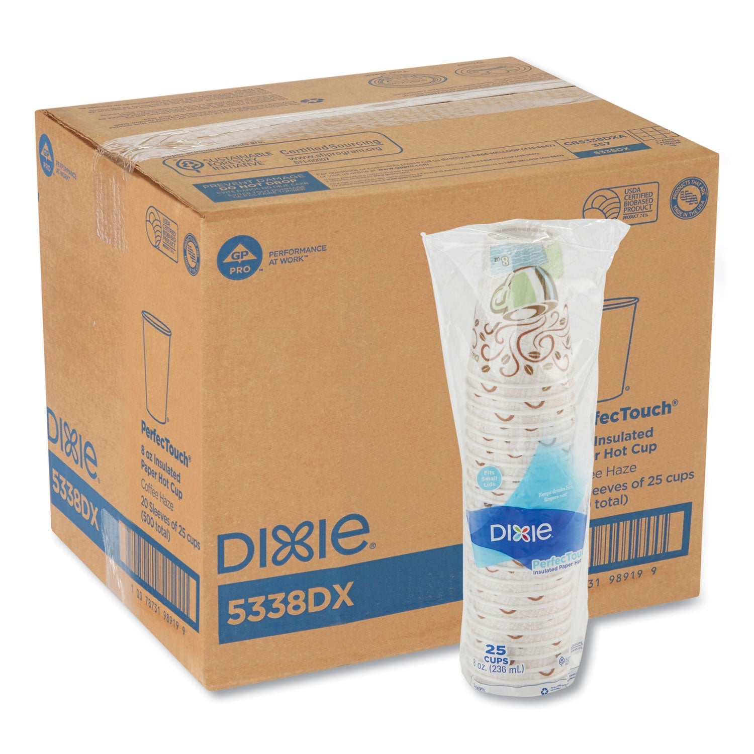 Dixie PerfecTouch Paper Hot Cups, 8 oz, Coffee Haze Design, 25/Sleeve, 20 Sleeves/Carton