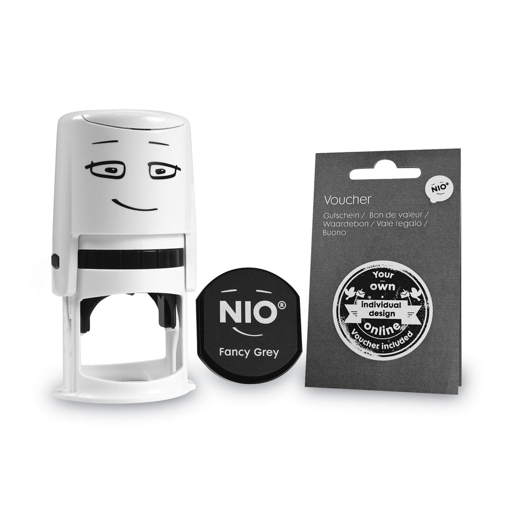 NIO Stamp with Voucher and Fancy Gray Ink Pad, Self-Inking, 1.56" Diameter