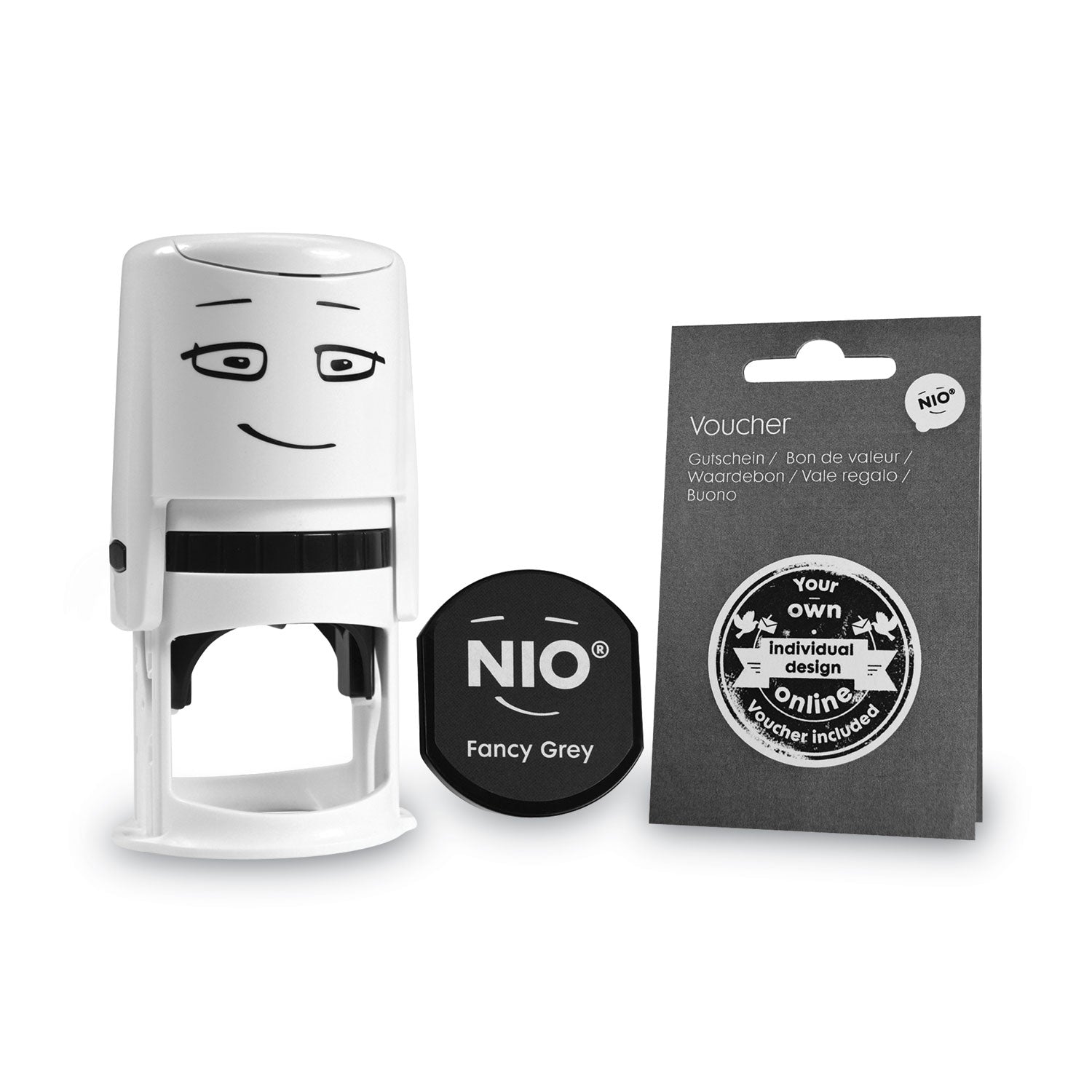 NIO Stamp with Voucher and Fancy Gray Ink Pad, Self-Inking, 1.56" Diameter