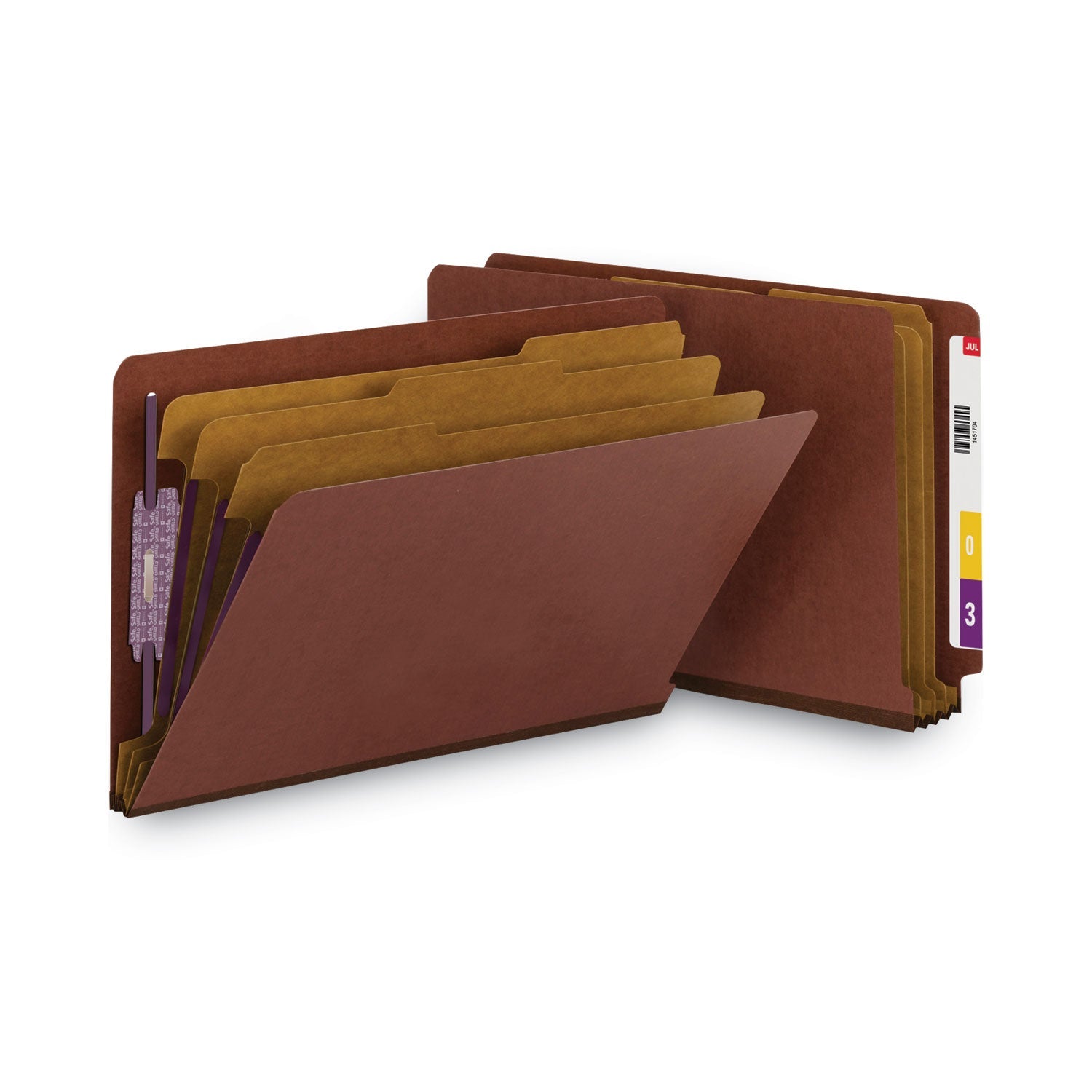 Smead End Tab Pressboard Classification Folders with SafeSHIELD Coated Fasteners, 3 Dividers, Legal Size, Red, 10/Box