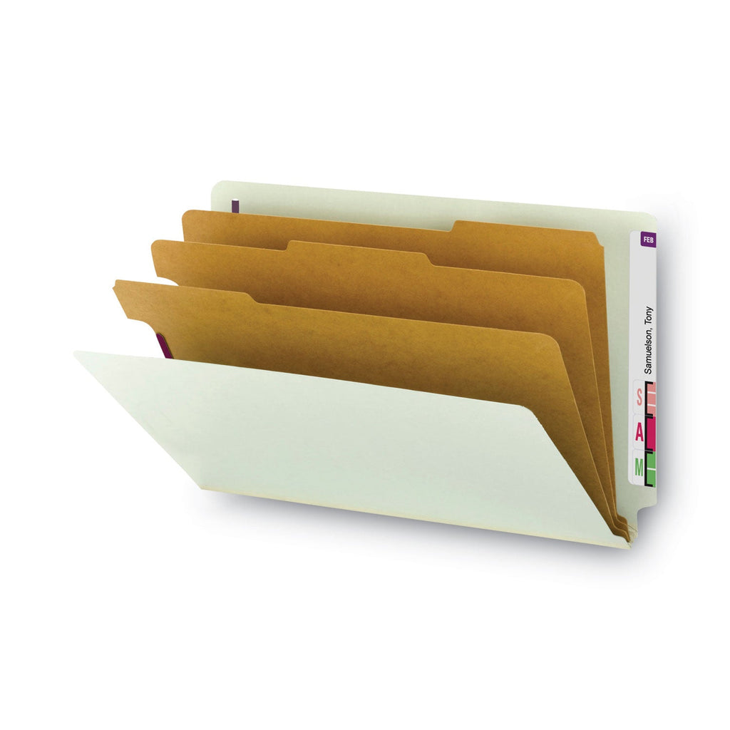 Smead End Tab Pressboard Classification Folders with SafeSHIELD Coated Fasteners, 3 Dividers, Legal Size, Gray-Green, 10/Box
