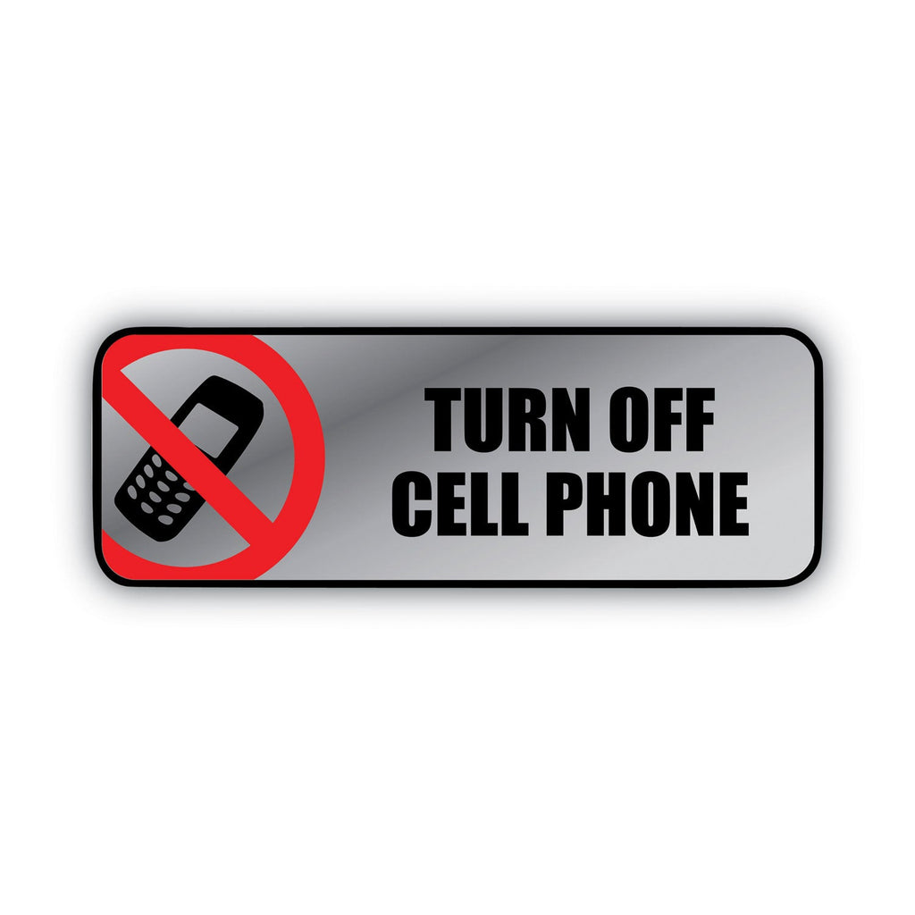 COSCO Brushed Metal Office Sign, Turn Off Cell Phone, 9 x 3, Silver/Red
