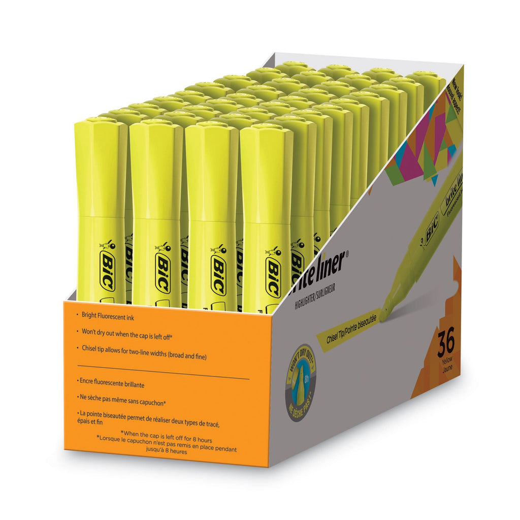 BIC Brite Liner Tank-Style Highlighter Value Pack, Yellow Ink, Chisel Tip, Yellow/Black Barrel, 36/Pack